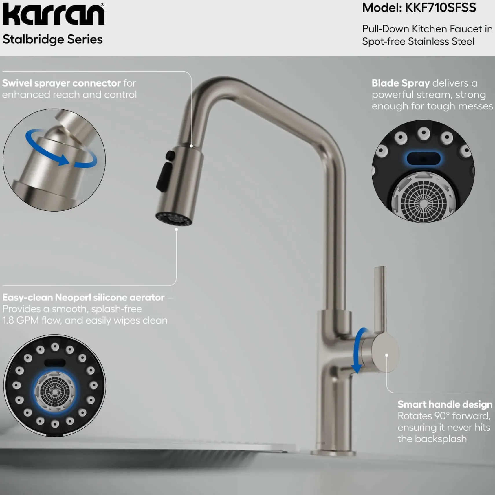 Karran Stalbridge 1.8 GPM Single Lever Lead-free Brass ADA Kitchen Faucet, Pull-Down, Spot Free Stainless Steel, KKF710SFSS