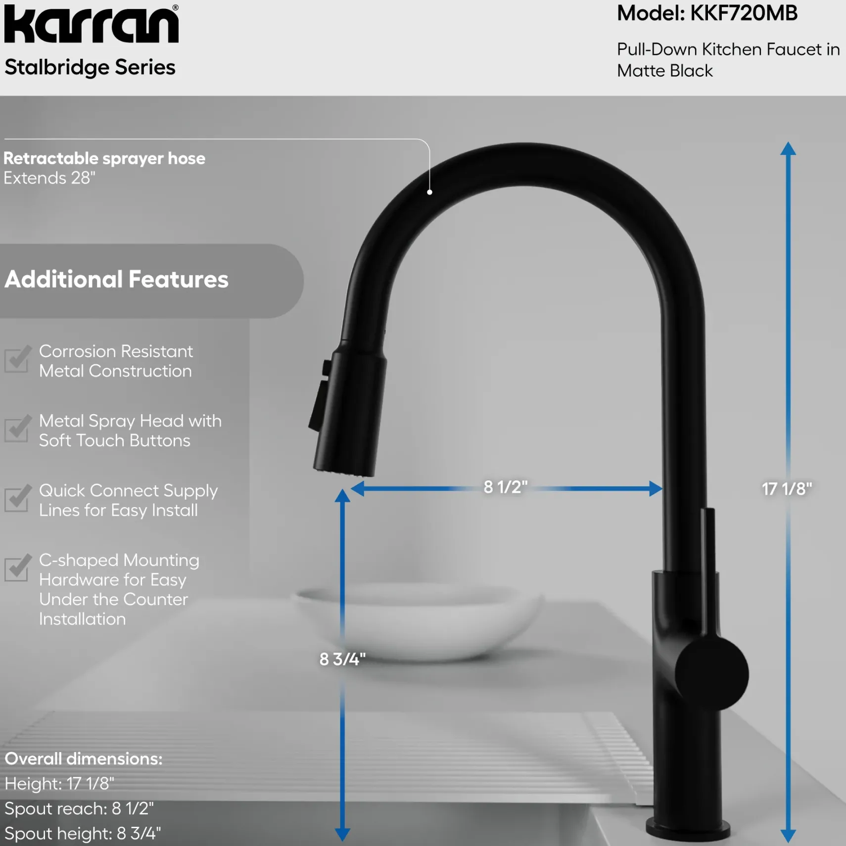 Karran Stalbridge 1.8 GPM Single Lever Lead-free Brass ADA Kitchen Faucet, Pull-Down, Matte Black, KKF720MB