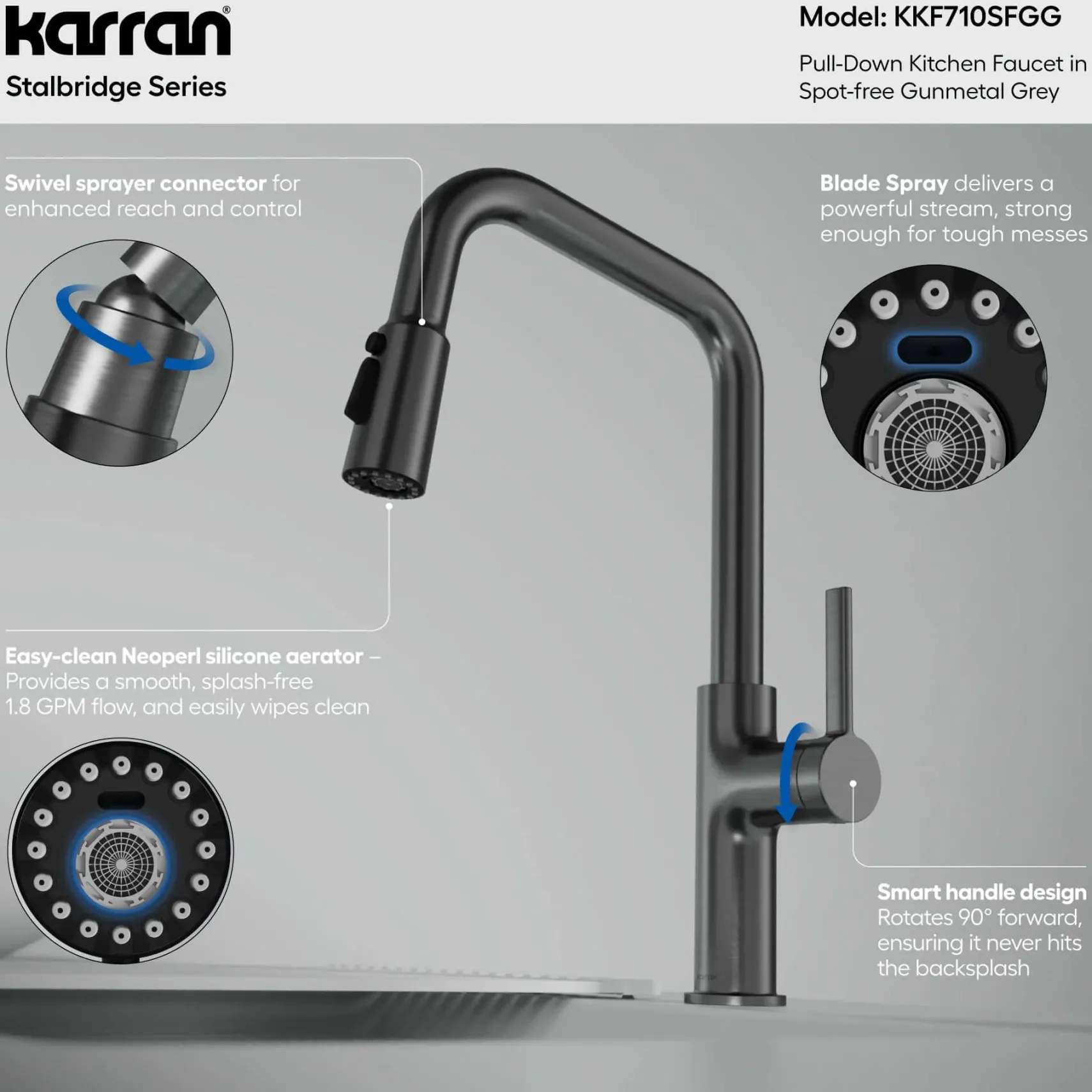 Karran Stalbridge 1.8 GPM Single Lever Lead-free Brass ADA Kitchen Faucet, Pull-Down, Spot-Free Gunmetal Grey, KKF710SFGG