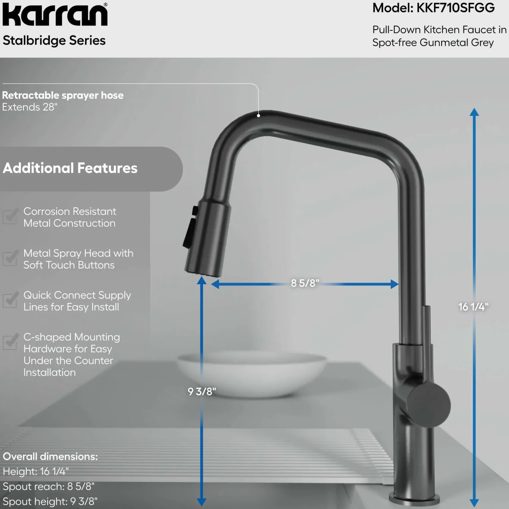 Karran Stalbridge 1.8 GPM Single Lever Lead-free Brass ADA Kitchen Faucet, Pull-Down, Spot-Free Gunmetal Grey, KKF710SFGG