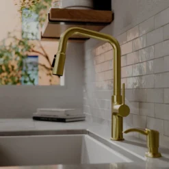 Karran Stalbridge 1.8 GPM Single Lever Lead-free Brass ADA Kitchen Faucet, Pull-Down, Spot-Free Brushed Gold, KKF710SFBG