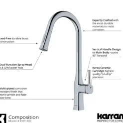 Karran Standerton 1.8 GPM Single Lever Handle Lead-free Brass ADA Kitchen Faucet, Pull-Down Kitchen, Chrome, KKF140C