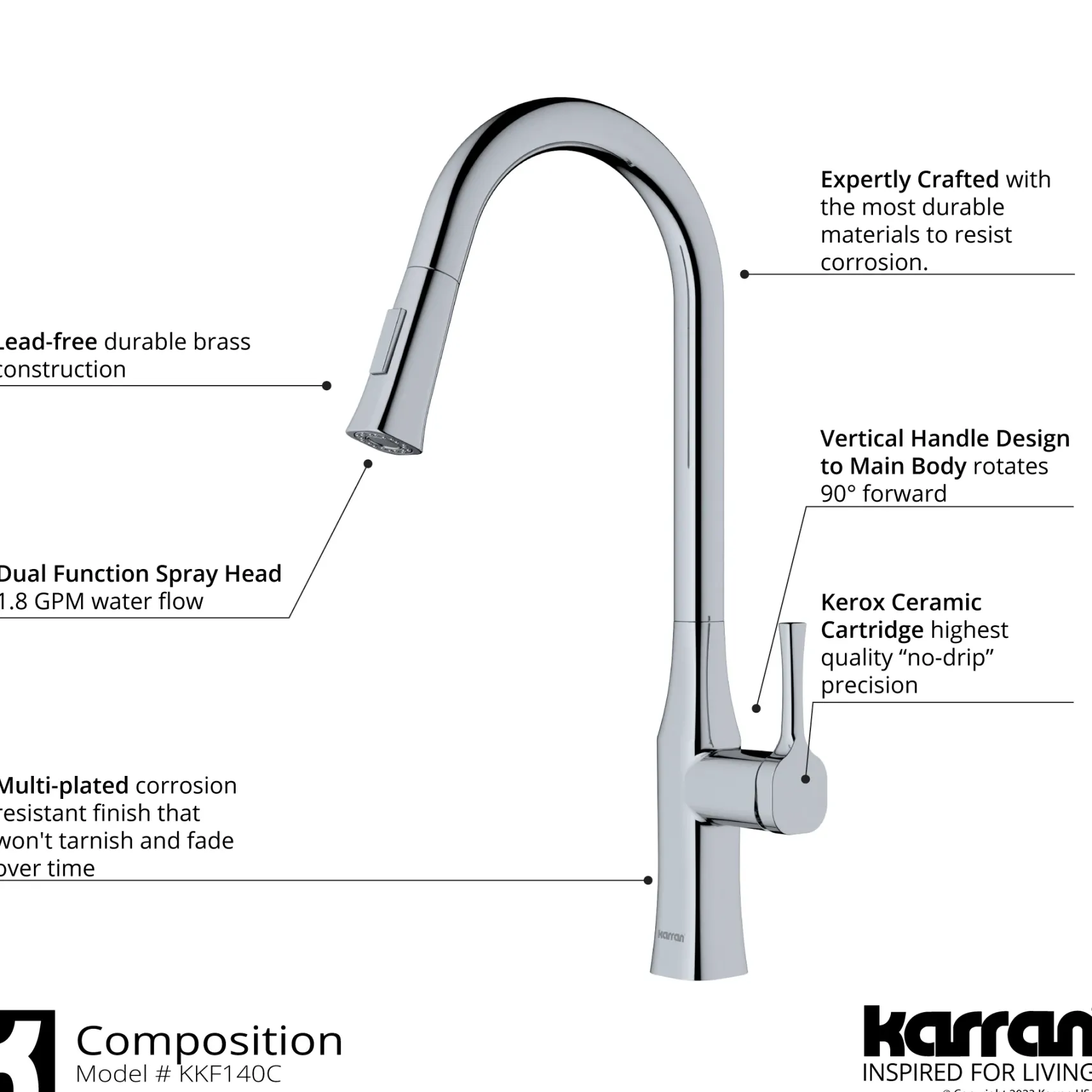 Karran Standerton 1.8 GPM Single Lever Handle Lead-free Brass ADA Kitchen Faucet, Pull-Down Kitchen, Chrome, KKF140C