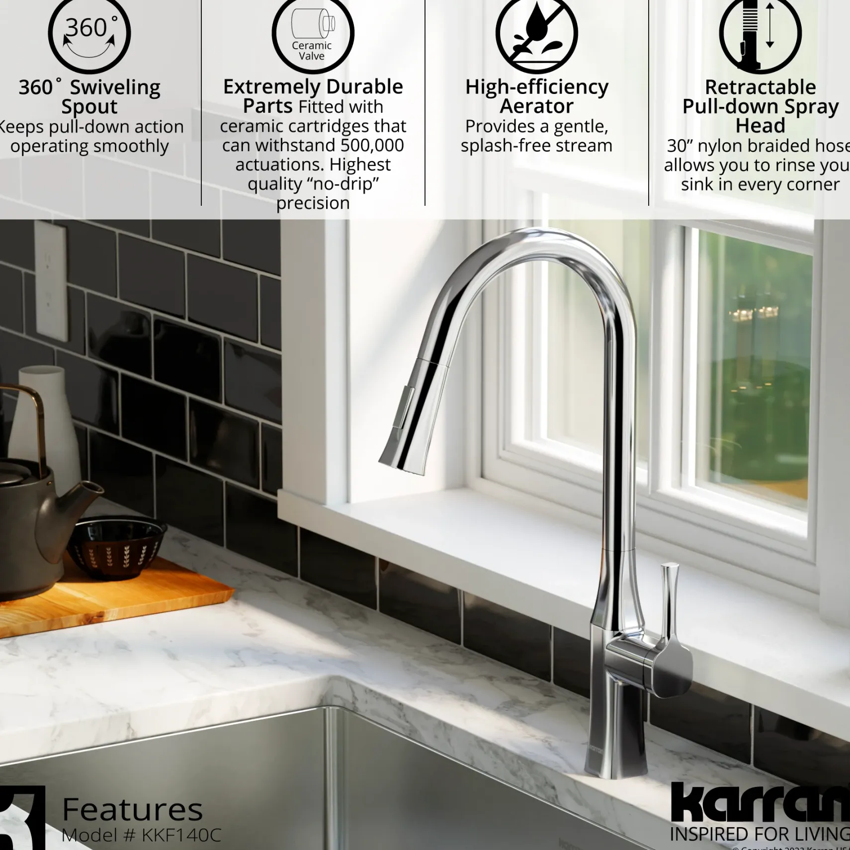 Karran Standerton 1.8 GPM Single Lever Handle Lead-free Brass ADA Kitchen Faucet, Pull-Down Kitchen, Chrome, KKF140C
