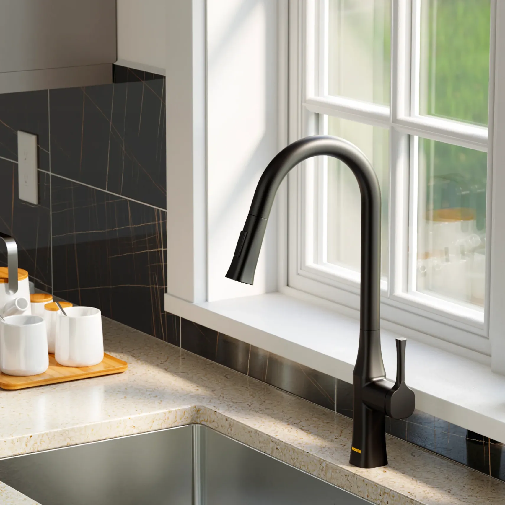 Karran Standerton 1.8 GPM Single Lever Handle Lead-free Brass ADA Kitchen Faucet, Pull-Down Kitchen, Matte Black, KKF140MB