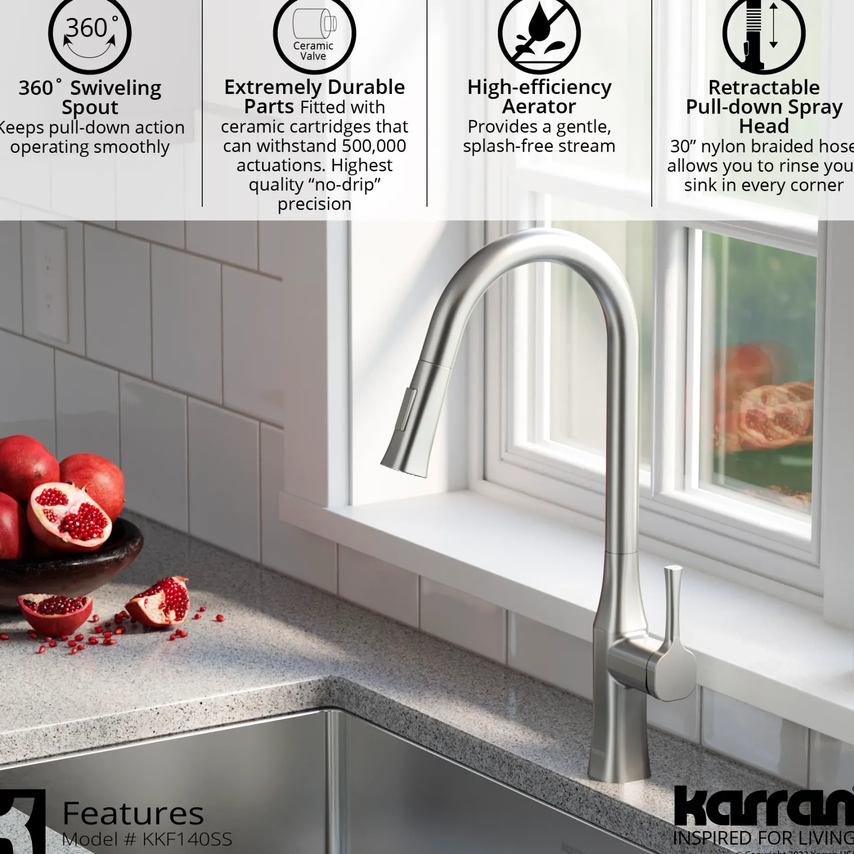 Karran Standerton 1.8 GPM Single Lever Handle Lead-free Brass ADA Kitchen Faucet, Pull-Down Kitchen, Stainless Steel, KKF140SS