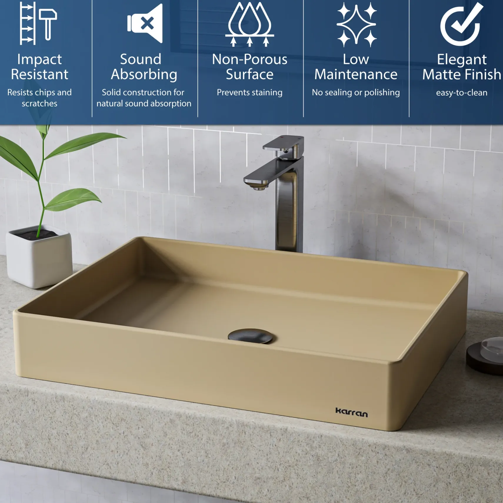 Karran Sternhagen 17.75" x 23.625" Rectangular Vessel Quartz Composite ADA Bathroom Sink, Pale Gold, SQS500PG