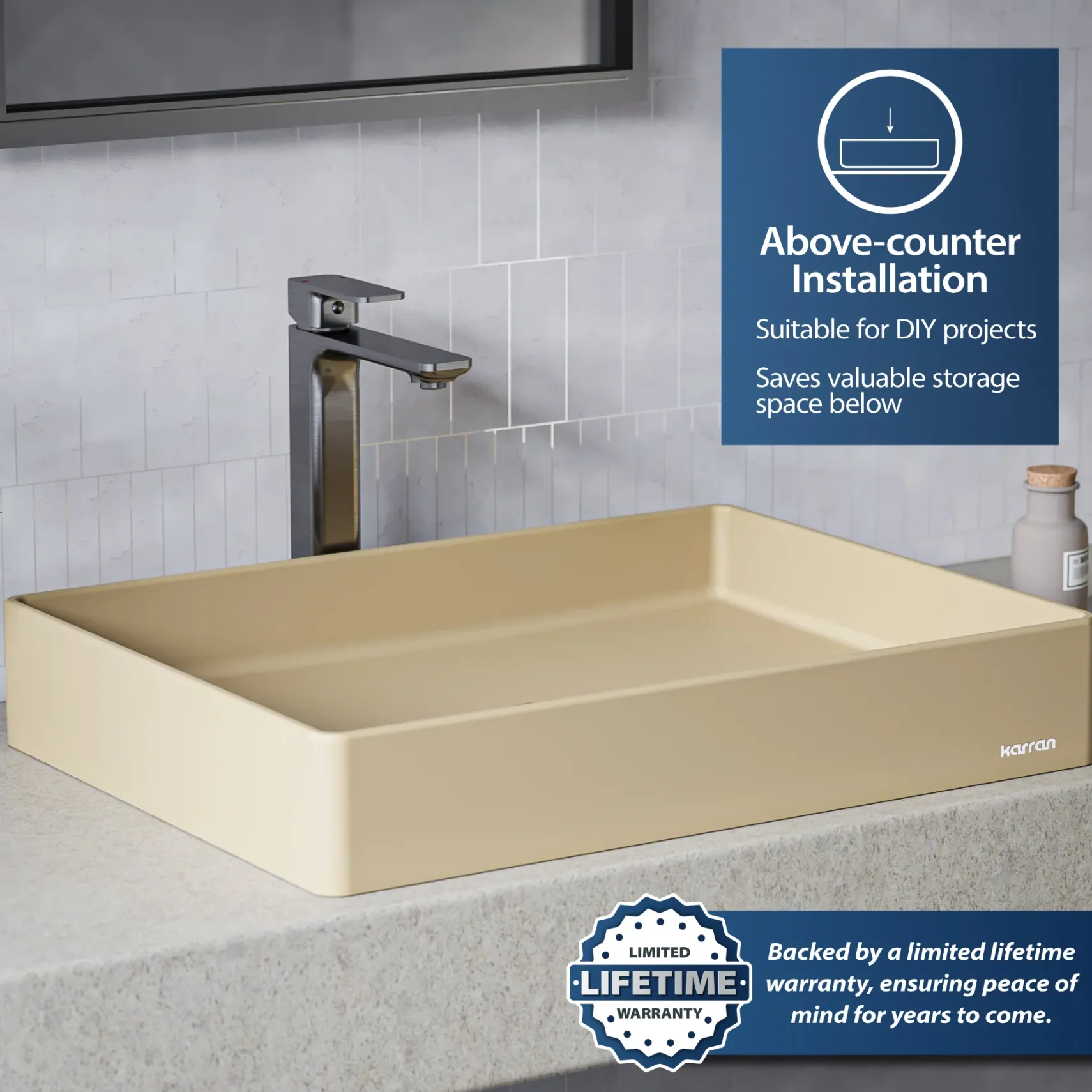 Karran Sternhagen 17.75" x 23.625" Rectangular Vessel Quartz Composite ADA Bathroom Sink, Pale Gold, SQS500PG