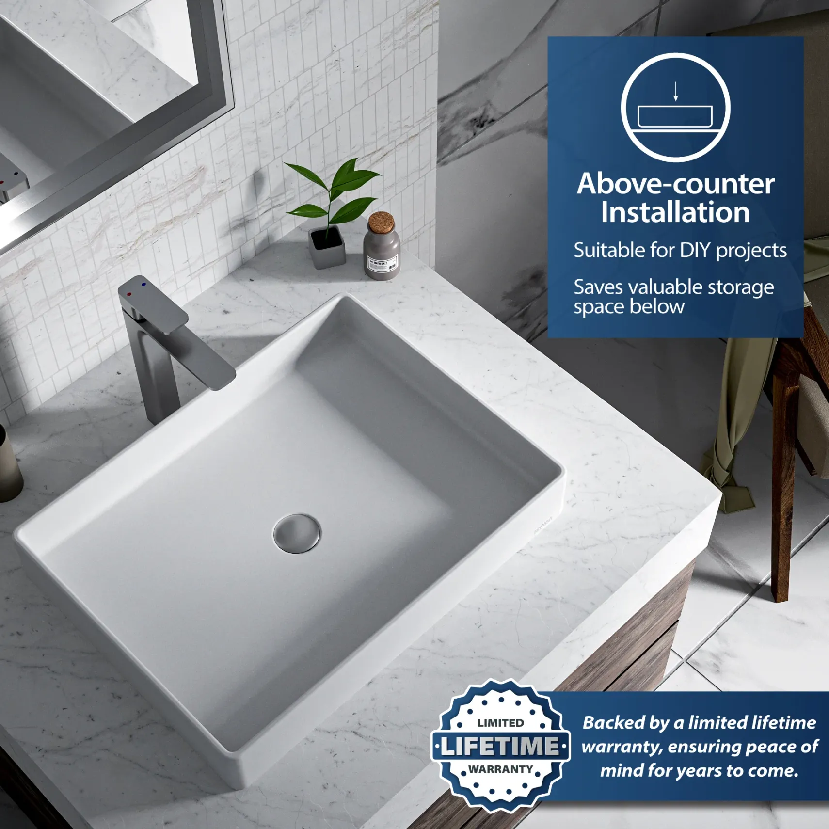 Karran Sternhagen 17.75" x 23.625" Rectangular Vessel Quartz Composite ADA Bathroom Sink, White, SQS500WH