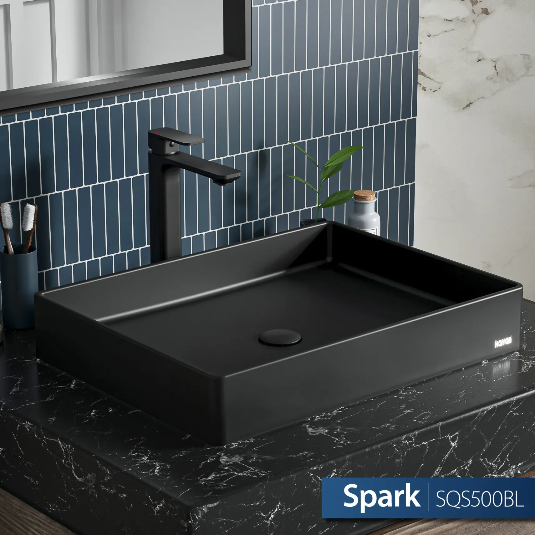 Karran Sternhagen 17.75" x 23.625" Rectangular Vessel Quartz Composite ADA Bathroom Sink, Black, SQS500BL