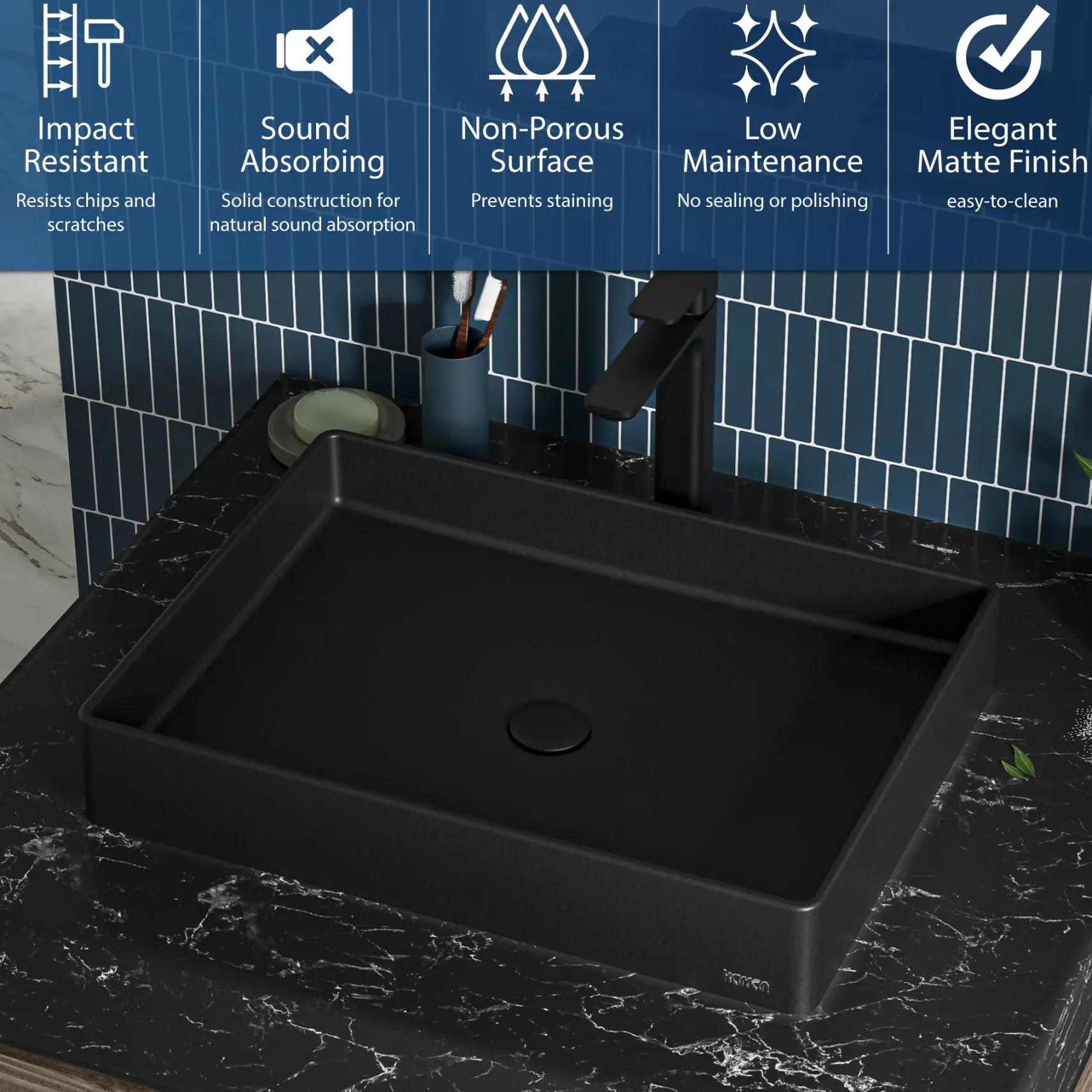 Karran Sternhagen 17.75" x 23.625" Rectangular Vessel Quartz Composite ADA Bathroom Sink, Black, SQS500BL