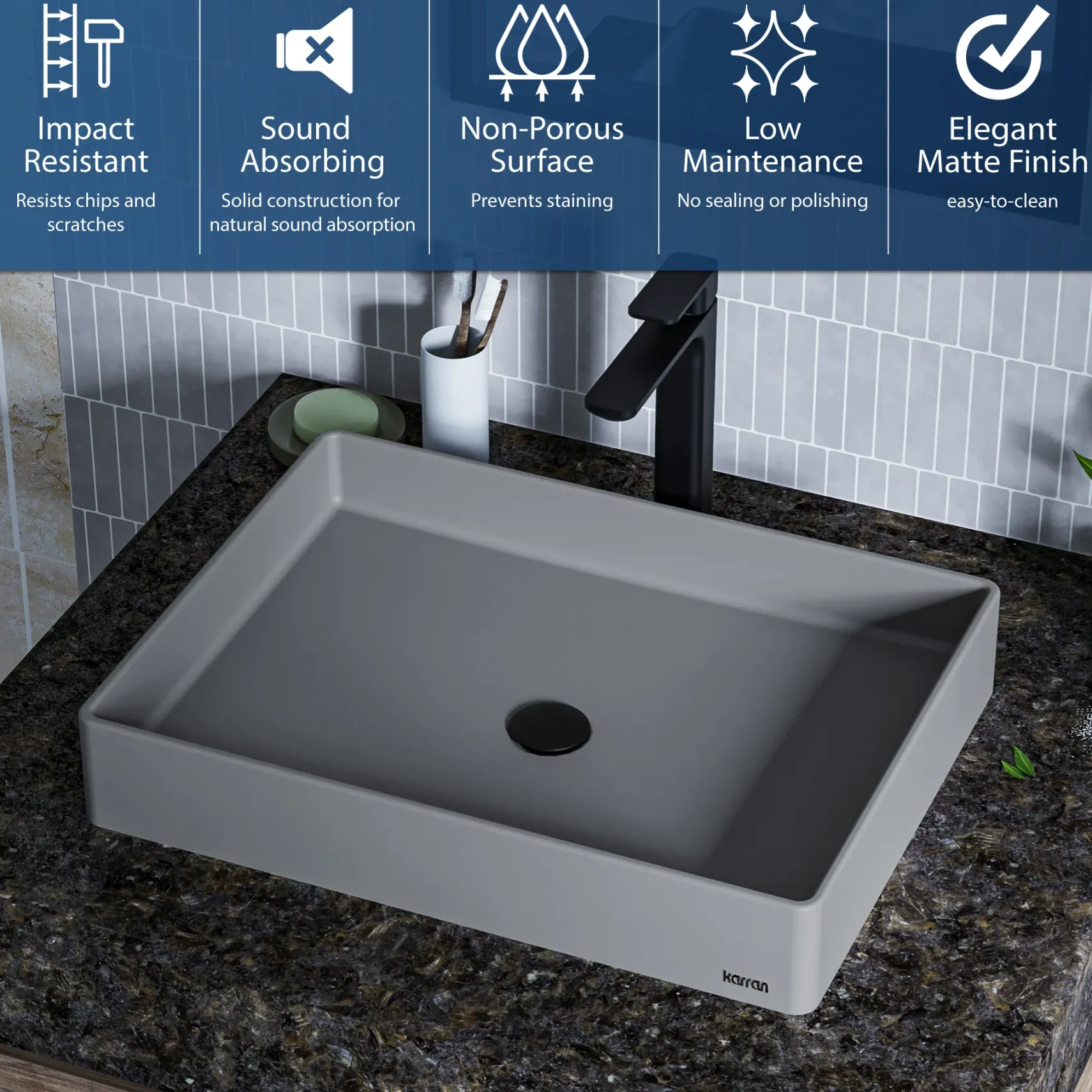 Karran Sternhagen 17.75" x 23.625" Rectangular Vessel Quartz Composite ADA Bathroom Sink, Grey, SQS500GR