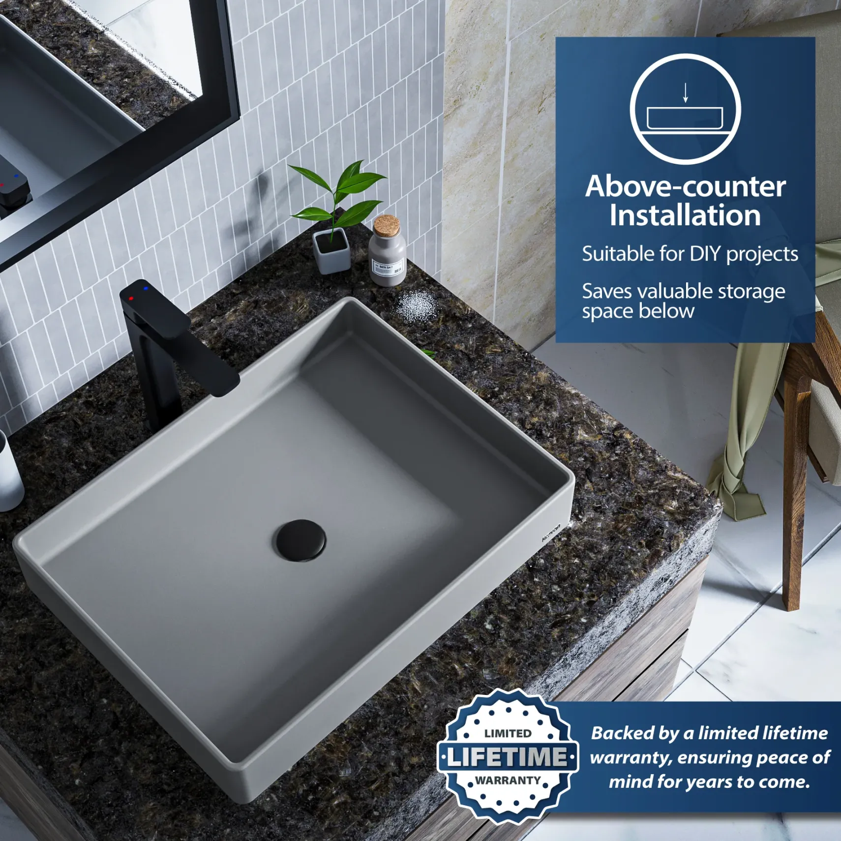 Karran Sternhagen 17.75" x 23.625" Rectangular Vessel Quartz Composite ADA Bathroom Sink, Grey, SQS500GR