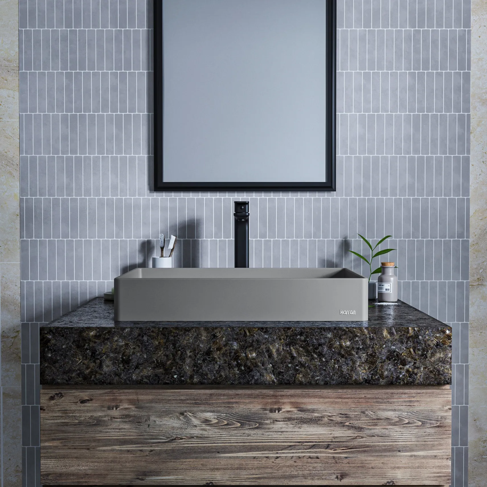 Karran Sternhagen 17.75" x 23.625" Rectangular Vessel Quartz Composite ADA Bathroom Sink, Grey, SQS500GR