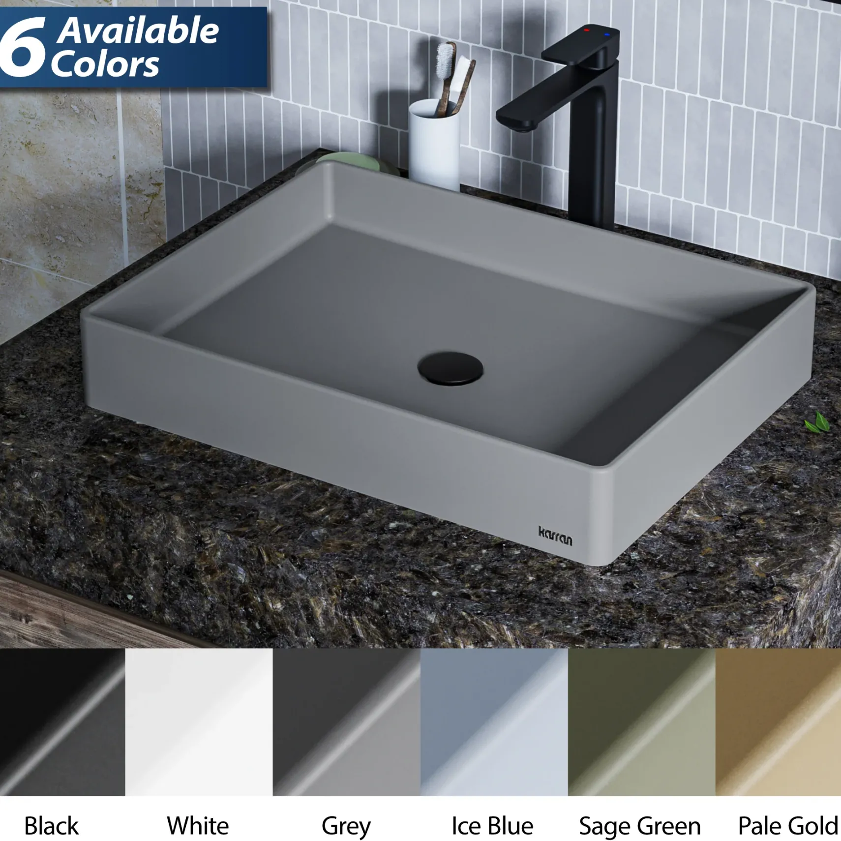 Karran Sternhagen 17.75" x 23.625" Rectangular Vessel Quartz Composite ADA Bathroom Sink, Grey, SQS500GR