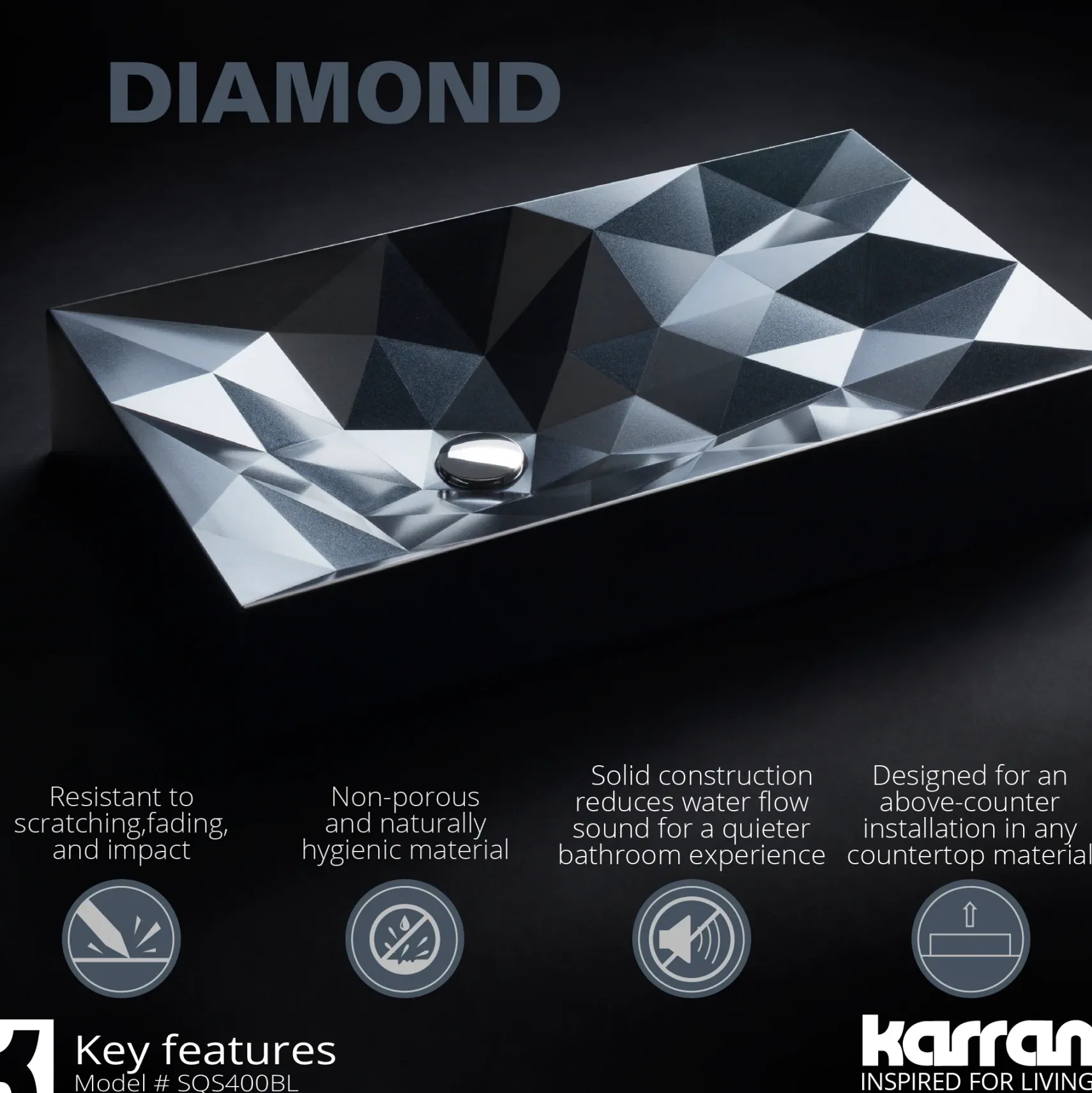 Karran Sternhagen Diamond 28.125" x 16.375" Rectangular Vessel Quartz Composite ADA Bathroom Sink, Black, SQS400BL