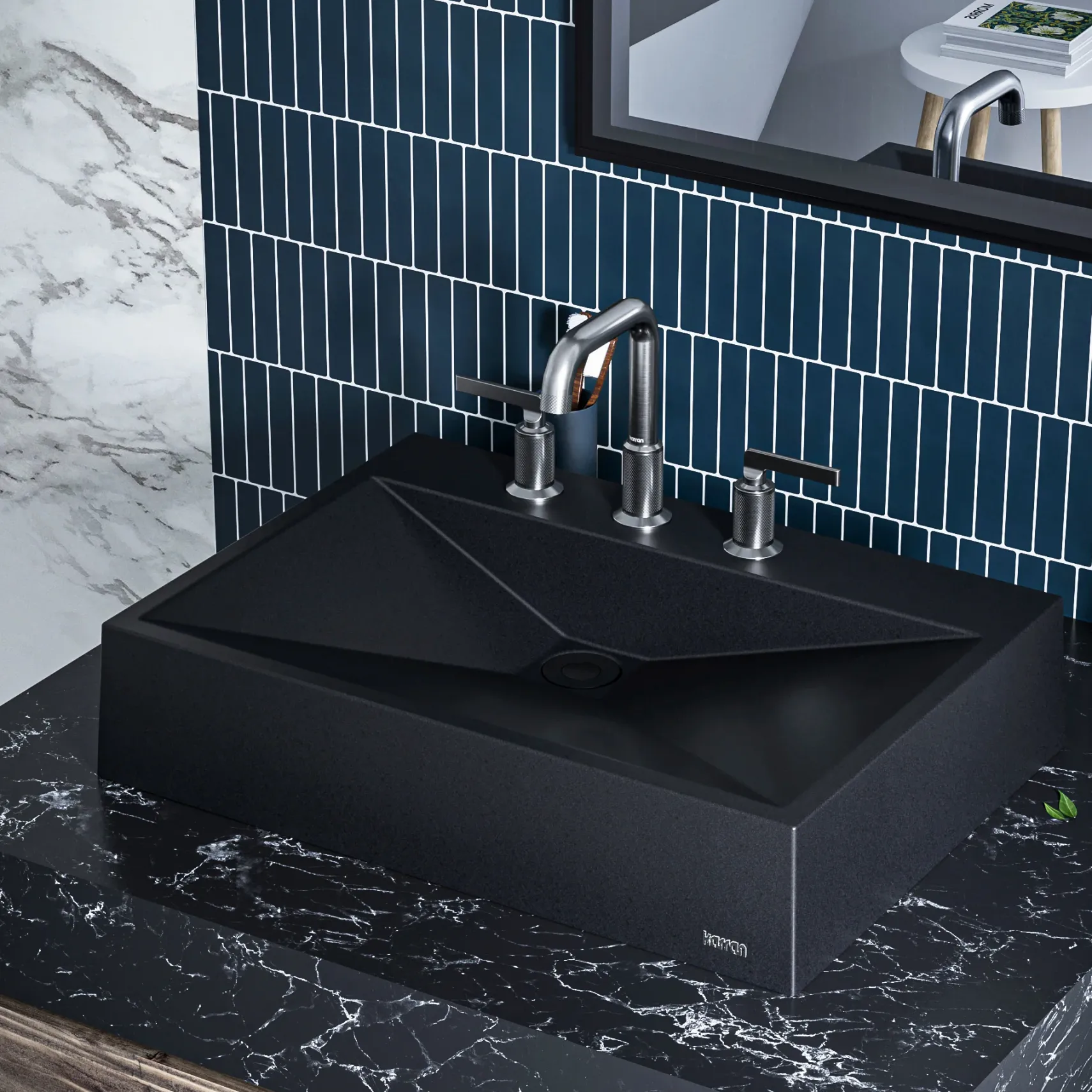 Karran Sternhagen Envy 24.25" x 17.5" Rectangular Vessel Quartz Composite ADA Bathroom Sink, Black, SQS100BL