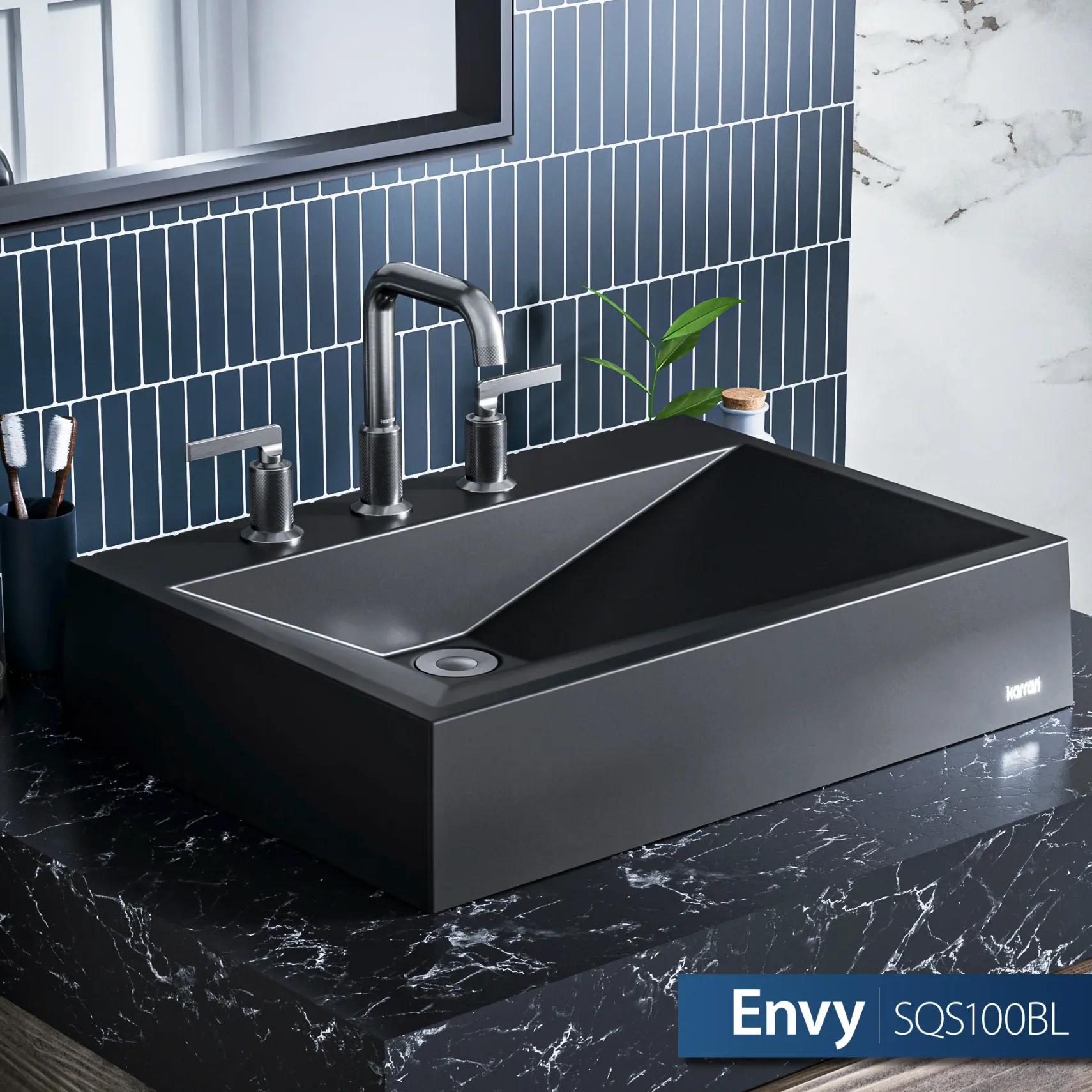 Karran Sternhagen Envy 24.25" x 17.5" Rectangular Vessel Quartz Composite ADA Bathroom Sink, Black, SQS100BL