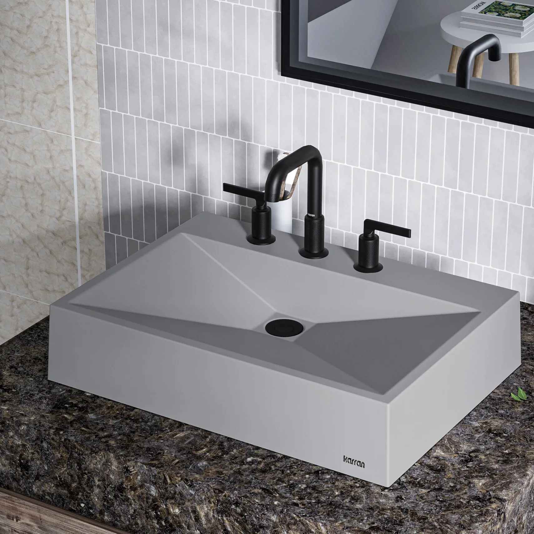 Karran Sternhagen Envy 24.25" x 17.5" Rectangular Vessel Quartz Composite ADA Bathroom Sink, Grey, SQS100GR