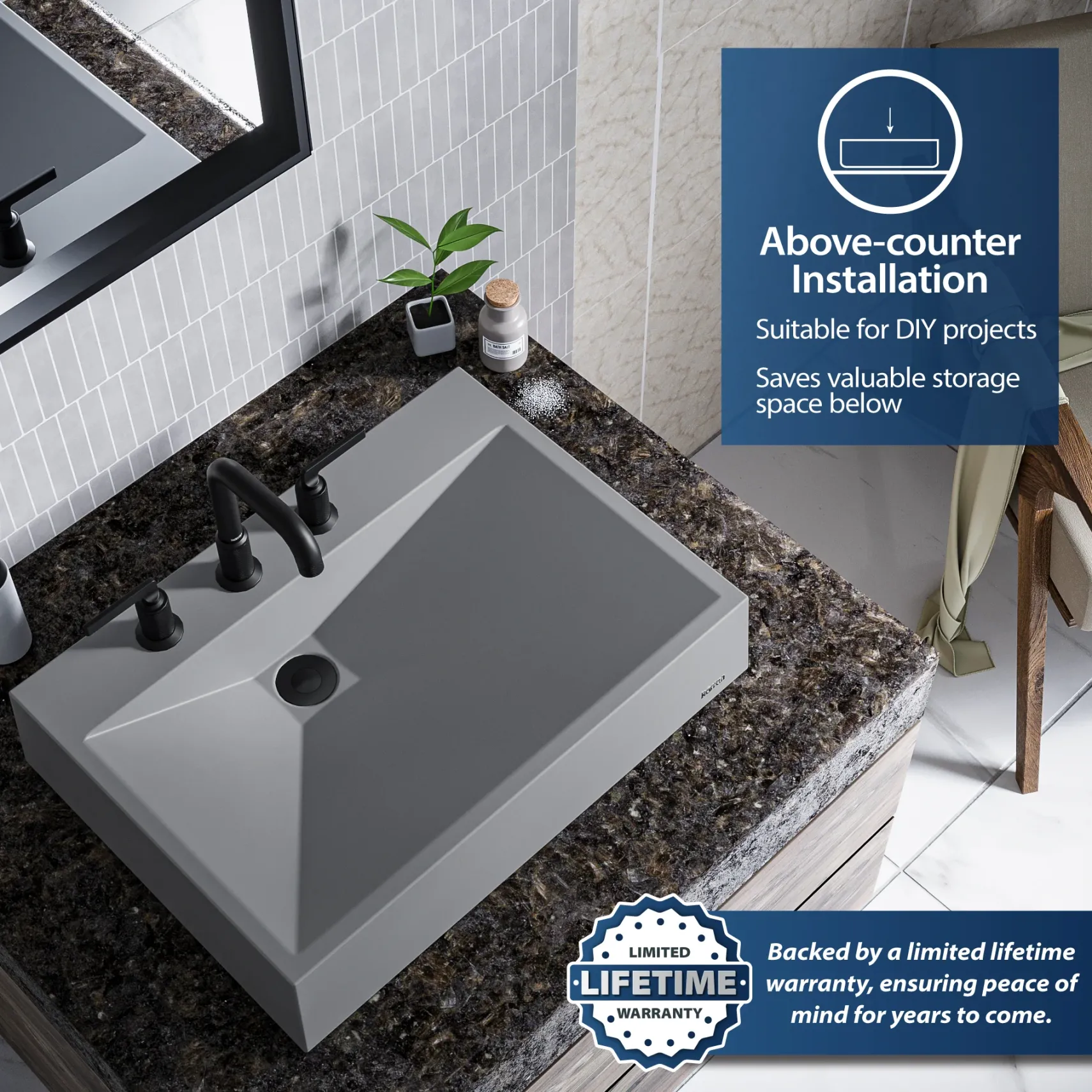 Karran Sternhagen Envy 24.25" x 17.5" Rectangular Vessel Quartz Composite ADA Bathroom Sink, Grey, SQS100GR