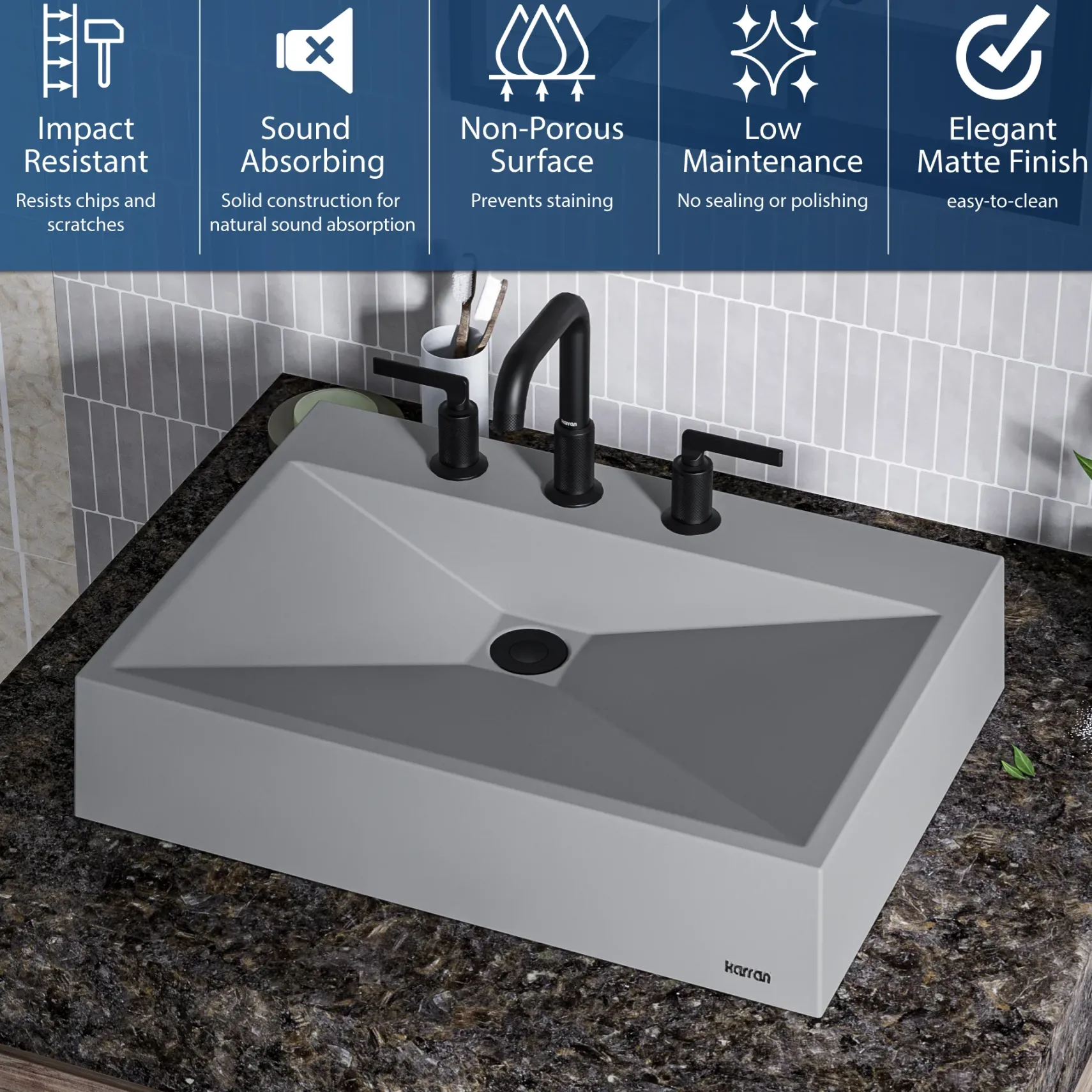 Karran Sternhagen Envy 24.25" x 17.5" Rectangular Vessel Quartz Composite ADA Bathroom Sink, Grey, SQS100GR