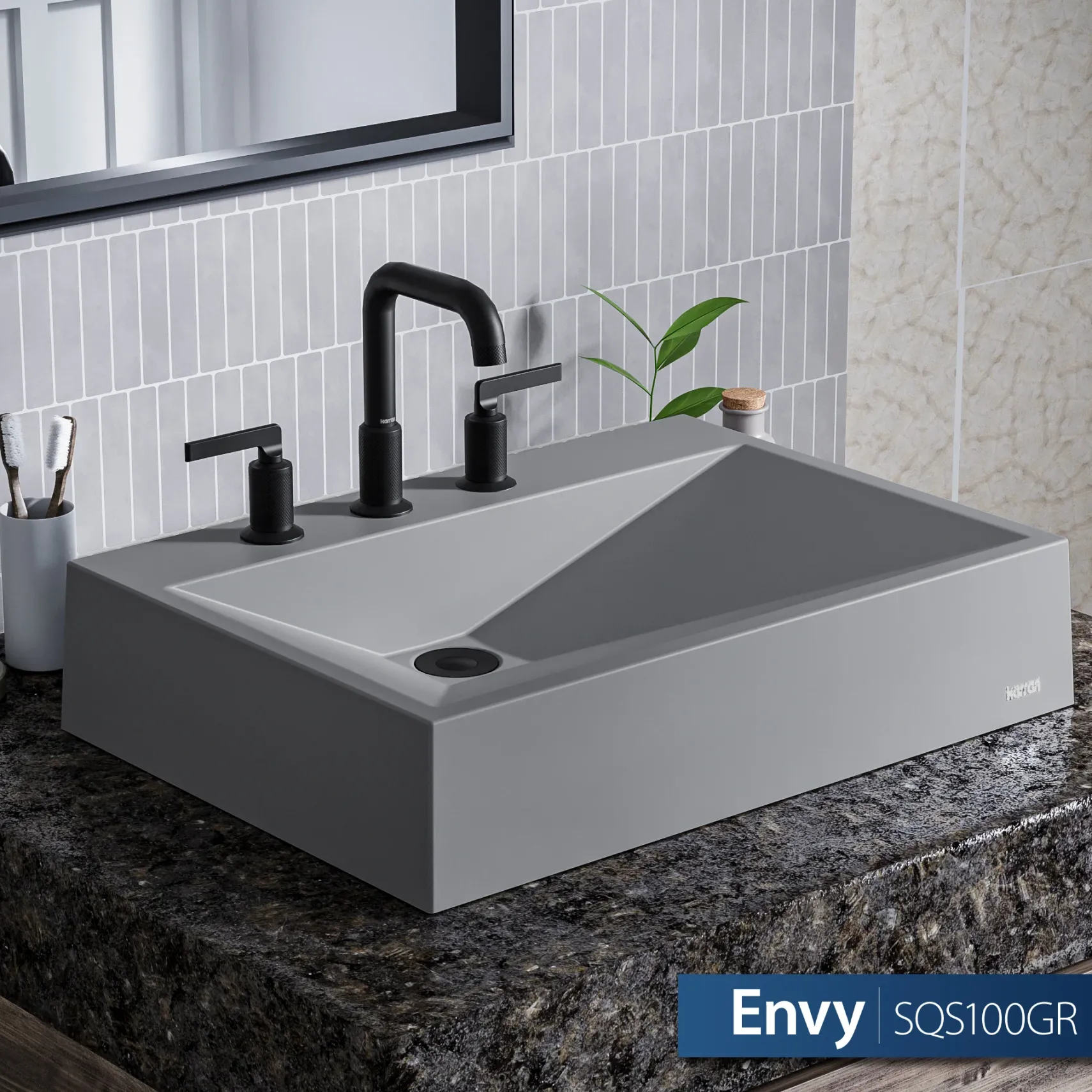 Karran Sternhagen Envy 24.25" x 17.5" Rectangular Vessel Quartz Composite ADA Bathroom Sink, Grey, SQS100GR