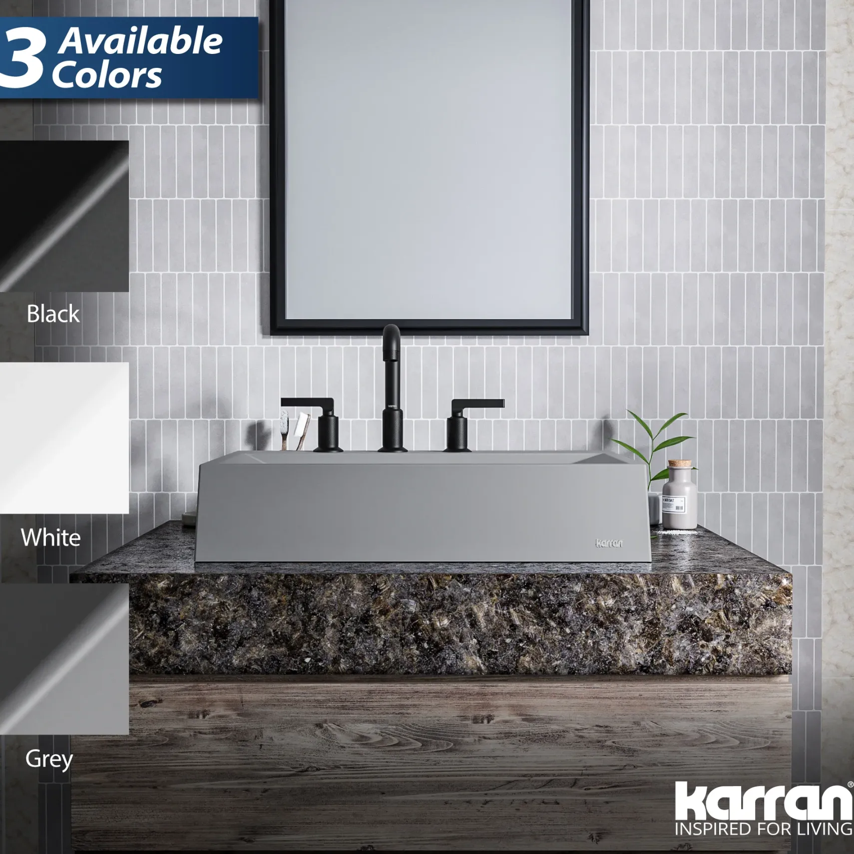 Karran Sternhagen Envy 24.25" x 17.5" Rectangular Vessel Quartz Composite ADA Bathroom Sink, Grey, SQS100GR