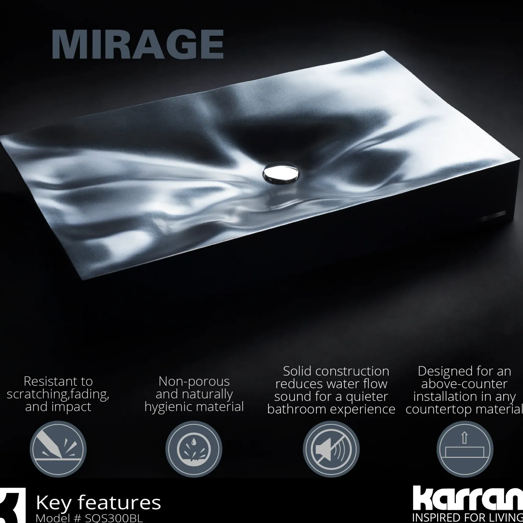 Karran Sternhagen Mirage 32.125" x 18.25" Rectangular Vessel Quartz Composite ADA Bathroom Sink, Black, SQS300BL