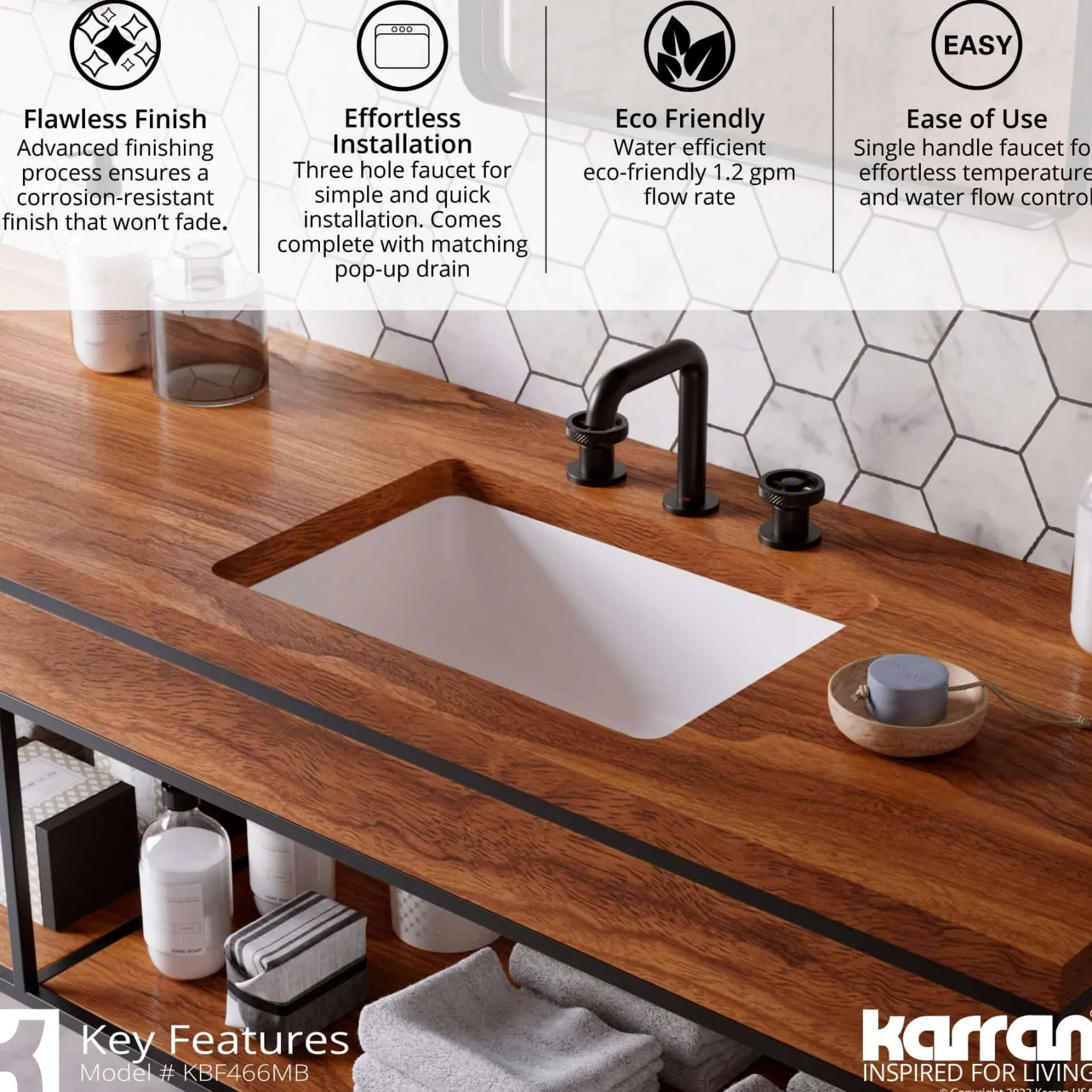 Karran Tryst 1.2 GPM Double Lever Handle Lead-free Brass Bathroom Faucet, Widespread, Matte Black, KBF466MB