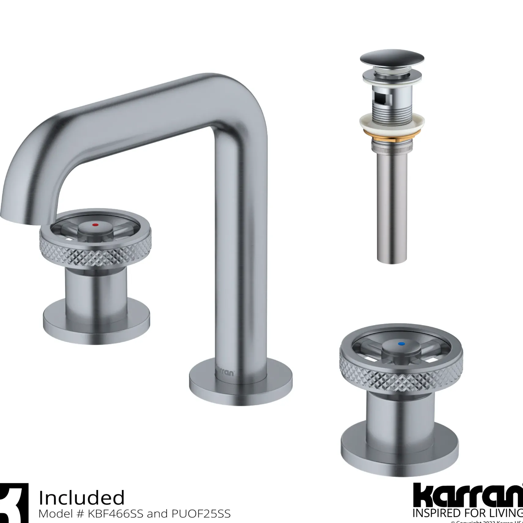 Karran Tryst 1.2 GPM Double Lever Handle Lead-free Brass Bathroom Faucet, Widespread, Stainless Steel, KBF466SS