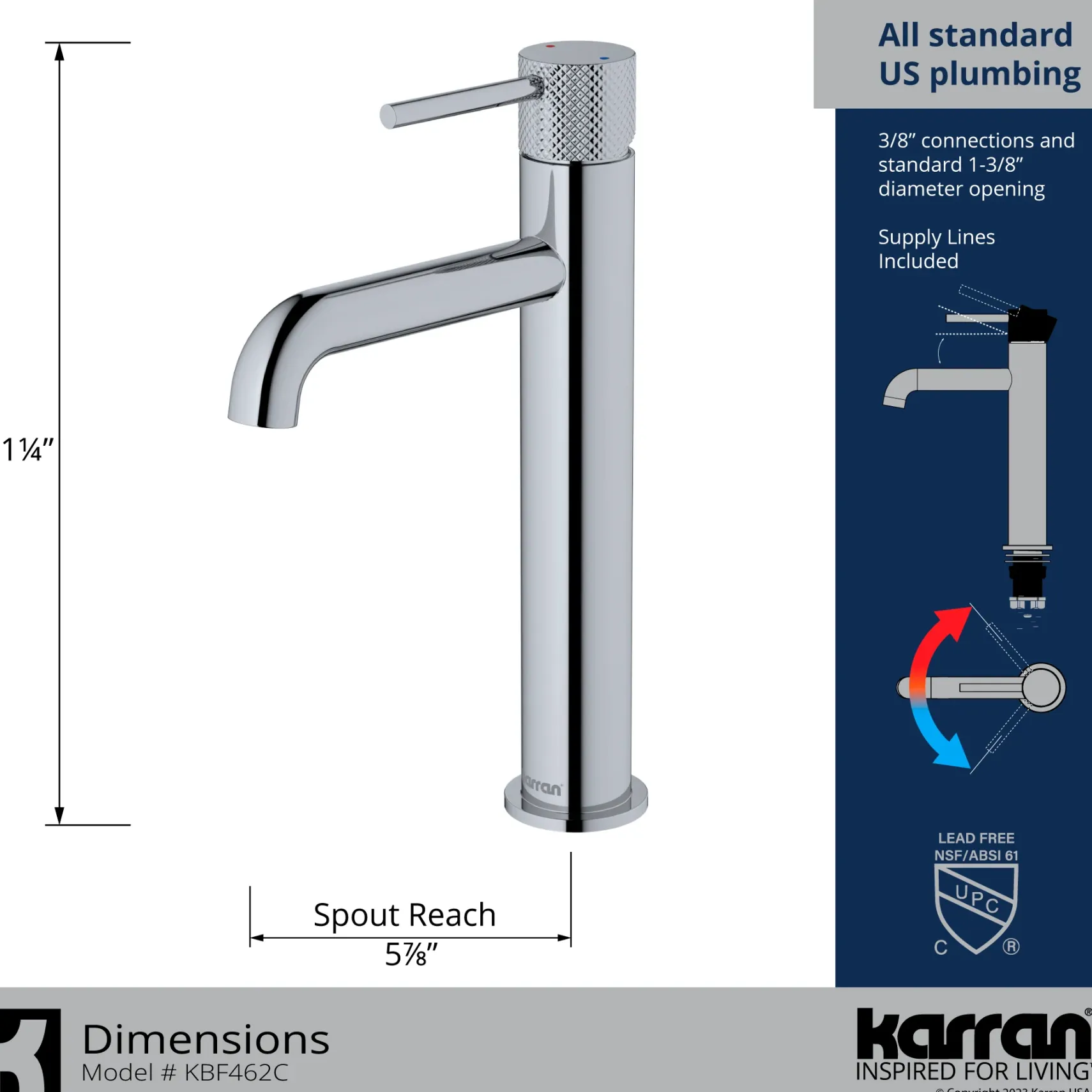 Karran Tryst 1.2 GPM Single Lever Handle Lead-free Brass ADA Bathroom Faucet, Vessel, Chrome, KBF462C