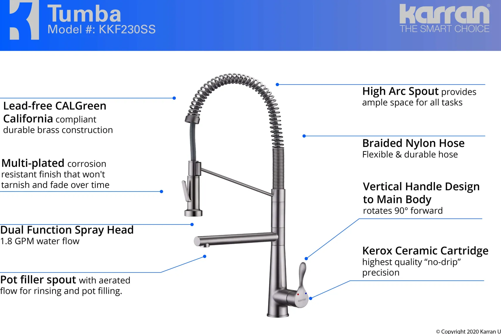 Karran Tumba Single Lever Handle Lead-free Brass ADA Kitchen Faucet, Pull Down, Stainless Steel, KKF230SS