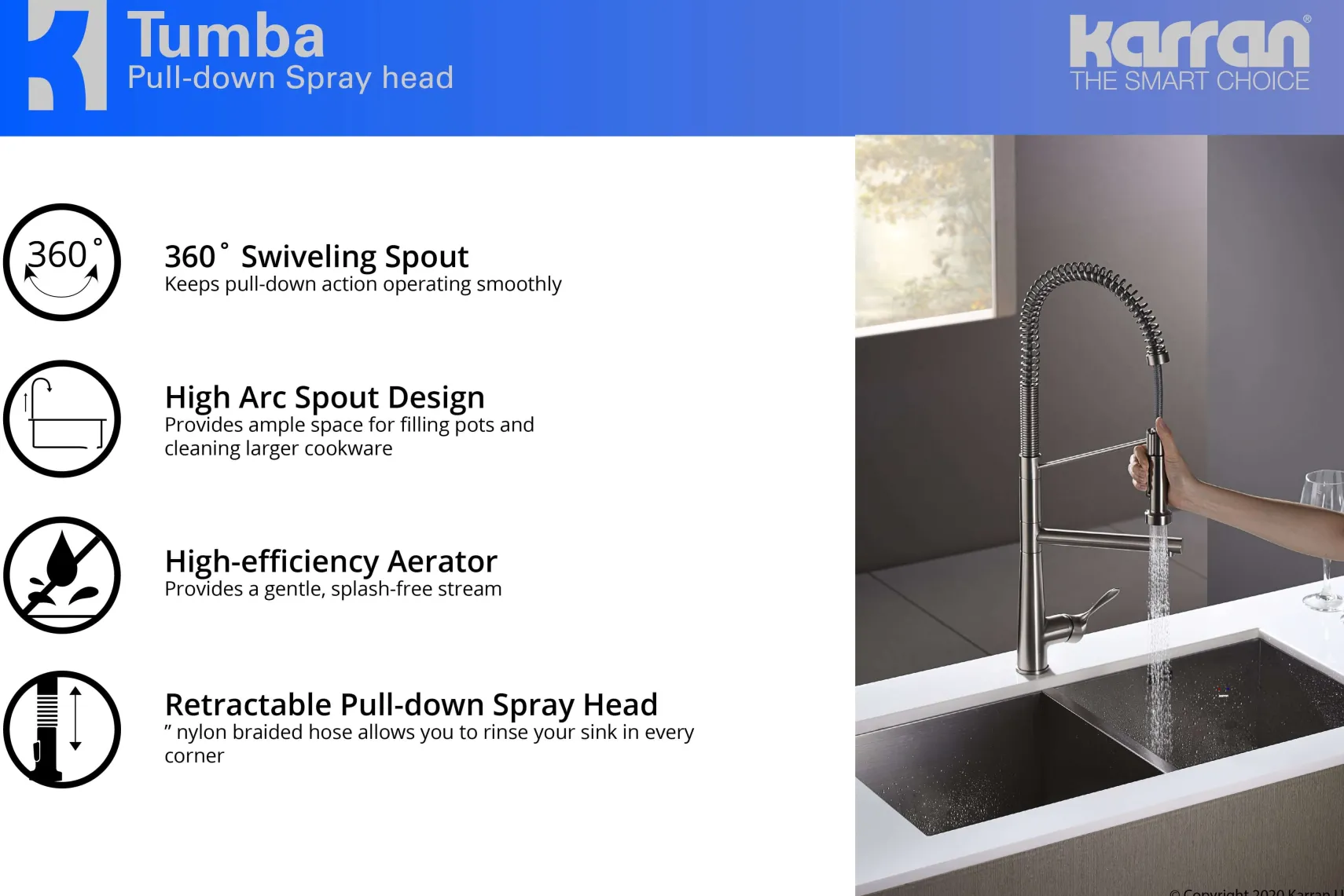 Karran Tumba Single Lever Handle Lead-free Brass ADA Kitchen Faucet, Pull Down, Stainless Steel, KKF230SS