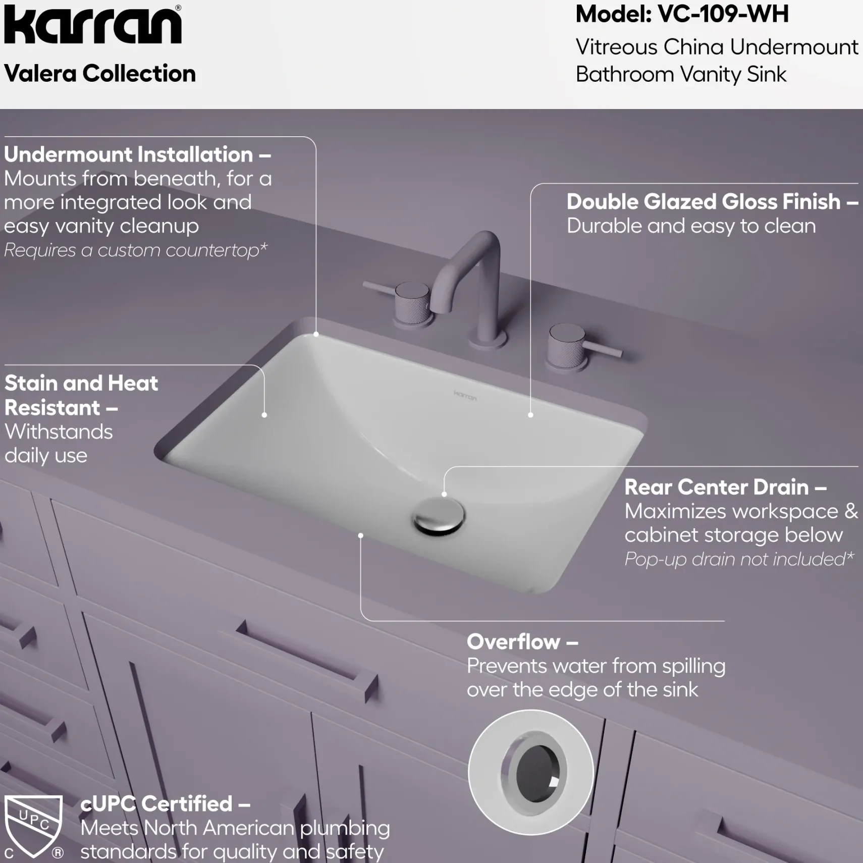 Karran Valera 13.75" x 19.75" Rectangular Undermount Vitreous China Bathroom Sink, White, VC-109-WH