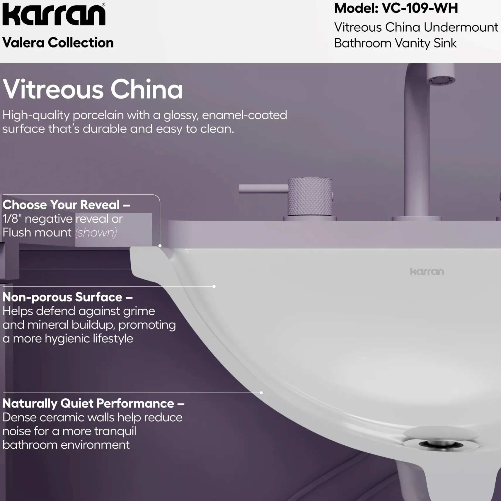 Karran Valera 13.75" x 19.75" Rectangular Undermount Vitreous China Bathroom Sink, White, VC-109-WH