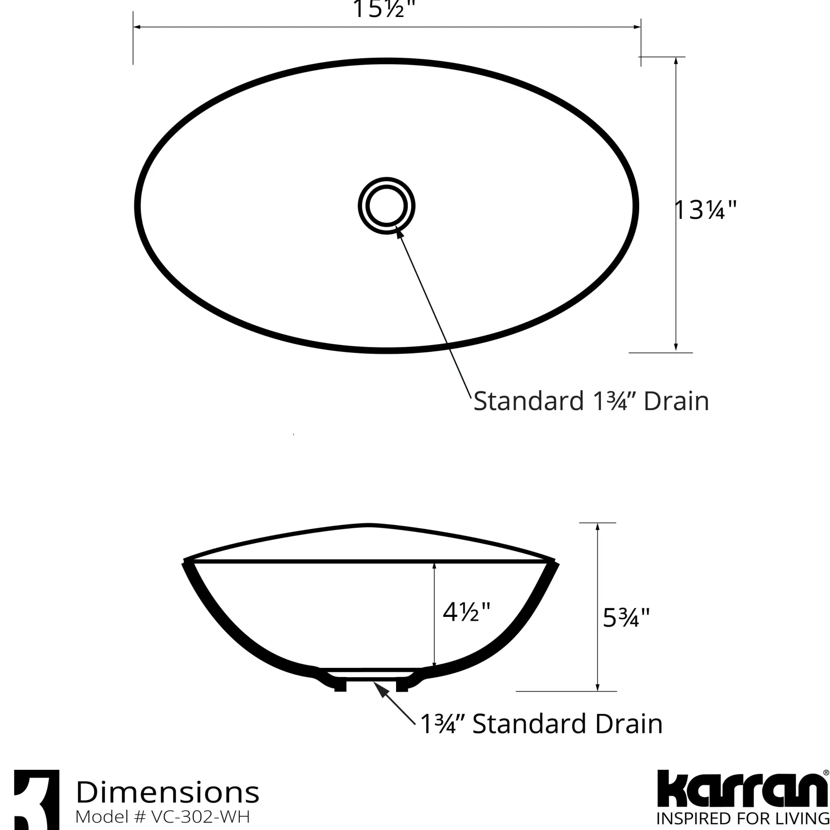 Karran Valera 15.5" x 13.25" x 4.5" Oval Vessel Vitreous China ADA Bathroom Sink, White, VC-302-WH