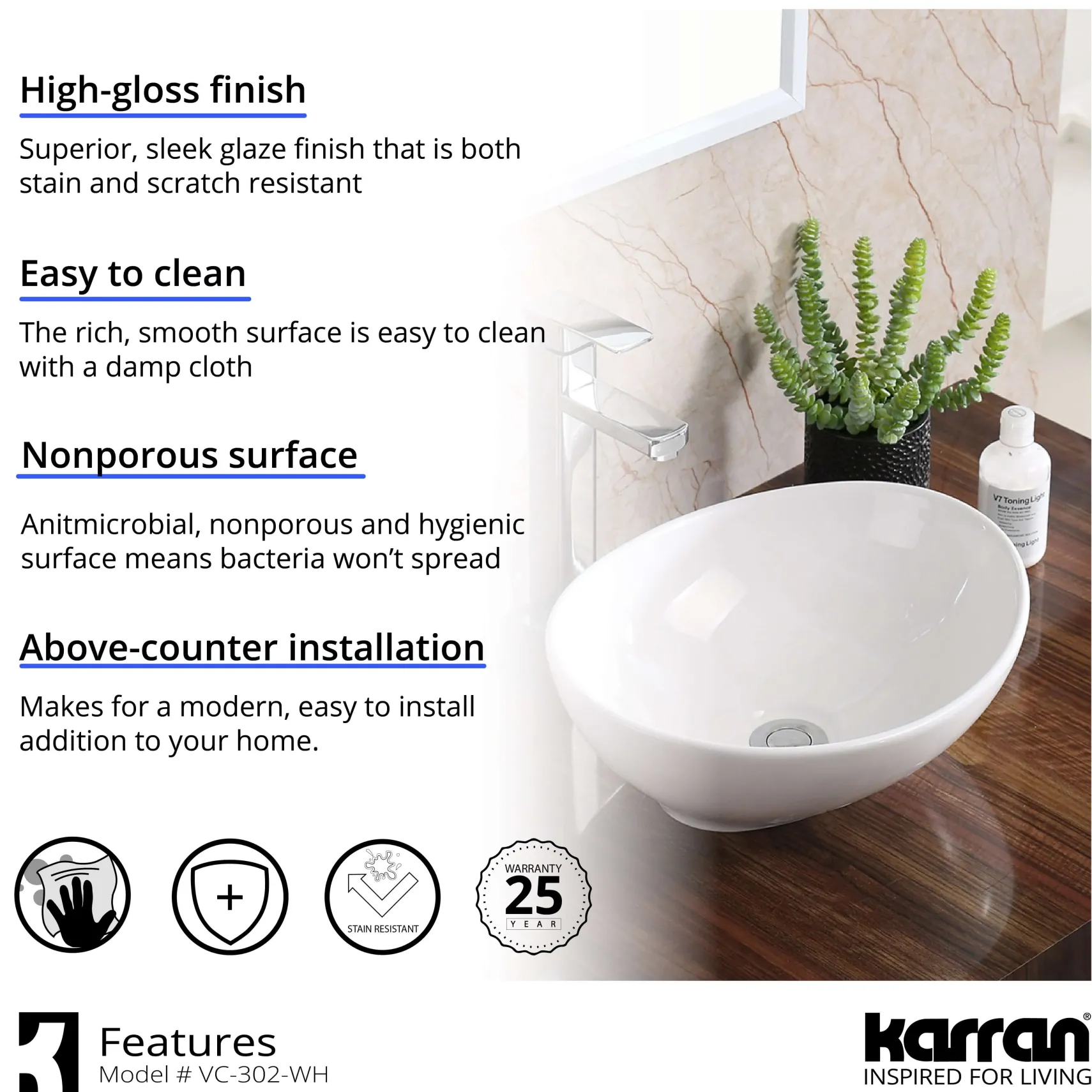 Karran Valera 15.5" x 13.25" x 4.5" Oval Vessel Vitreous China ADA Bathroom Sink, White, VC-302-WH