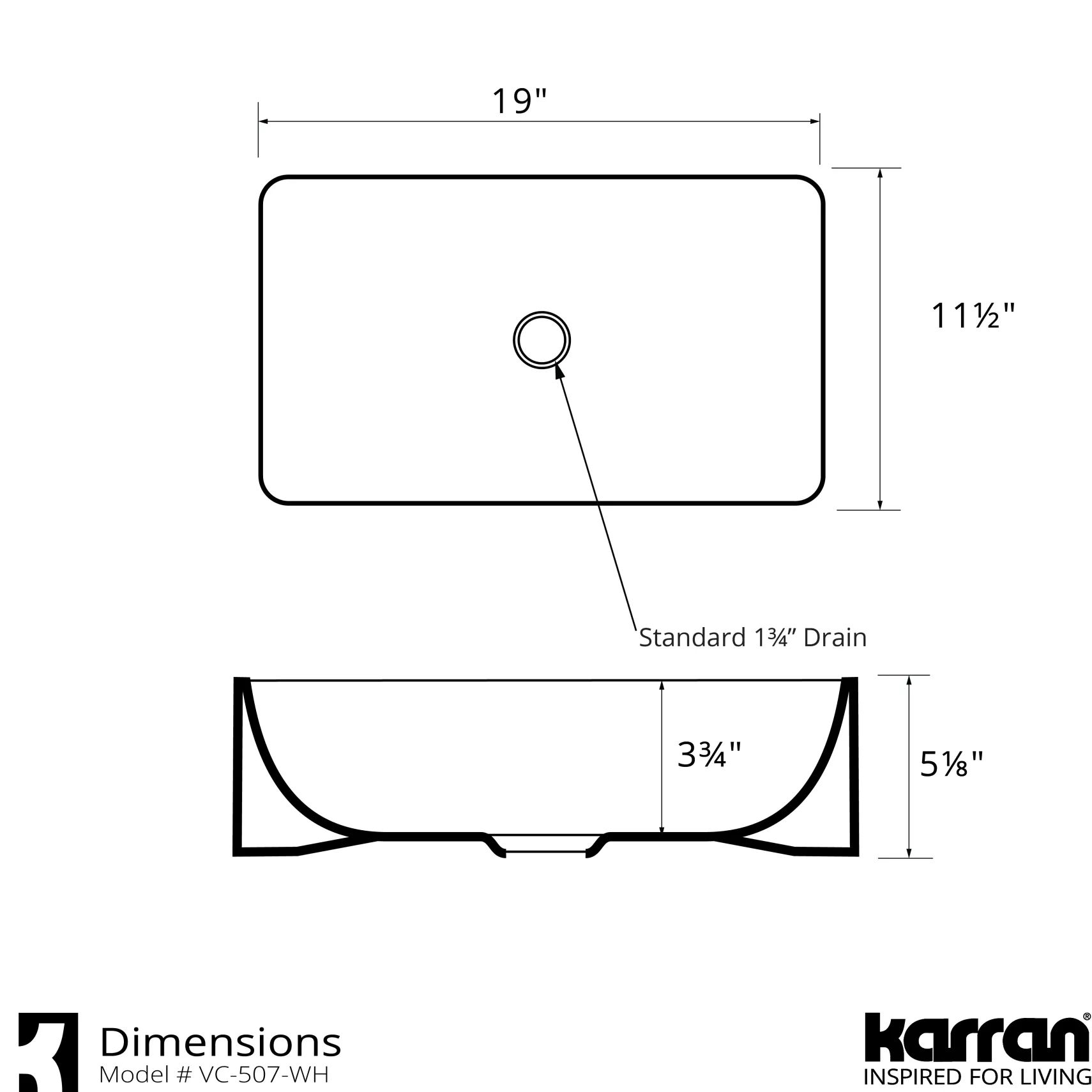 Karran Valera 19" x 11.5" x 3.75" Rectangular Vessel Vitreous China ADA Bathroom Sink, White, VC-507-WH