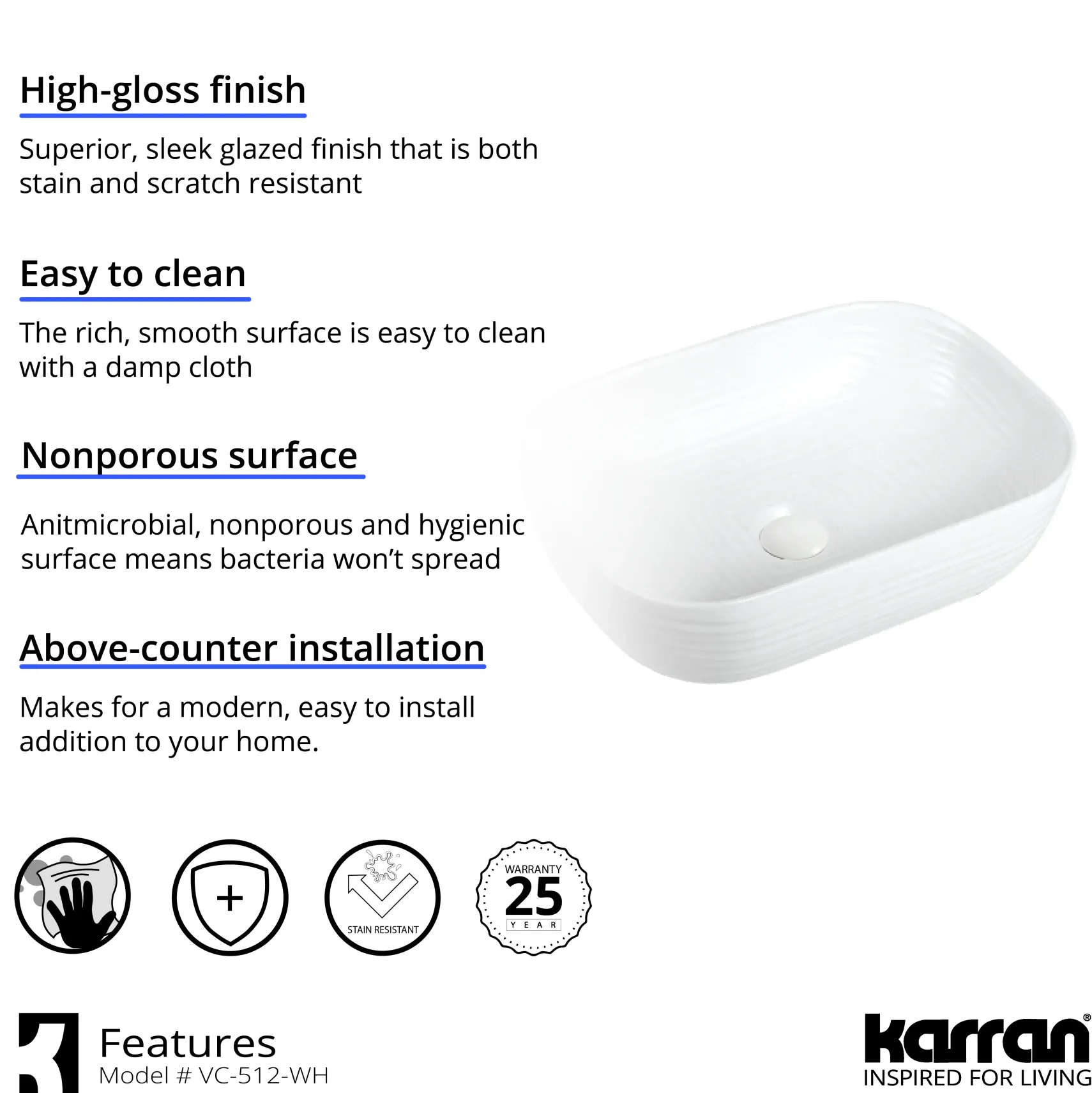 Karran Valera 18.25" x 13.125" x 4" Rectangular Vessel Vitreous China ADA Bathroom Sink, White, VC-512-WH