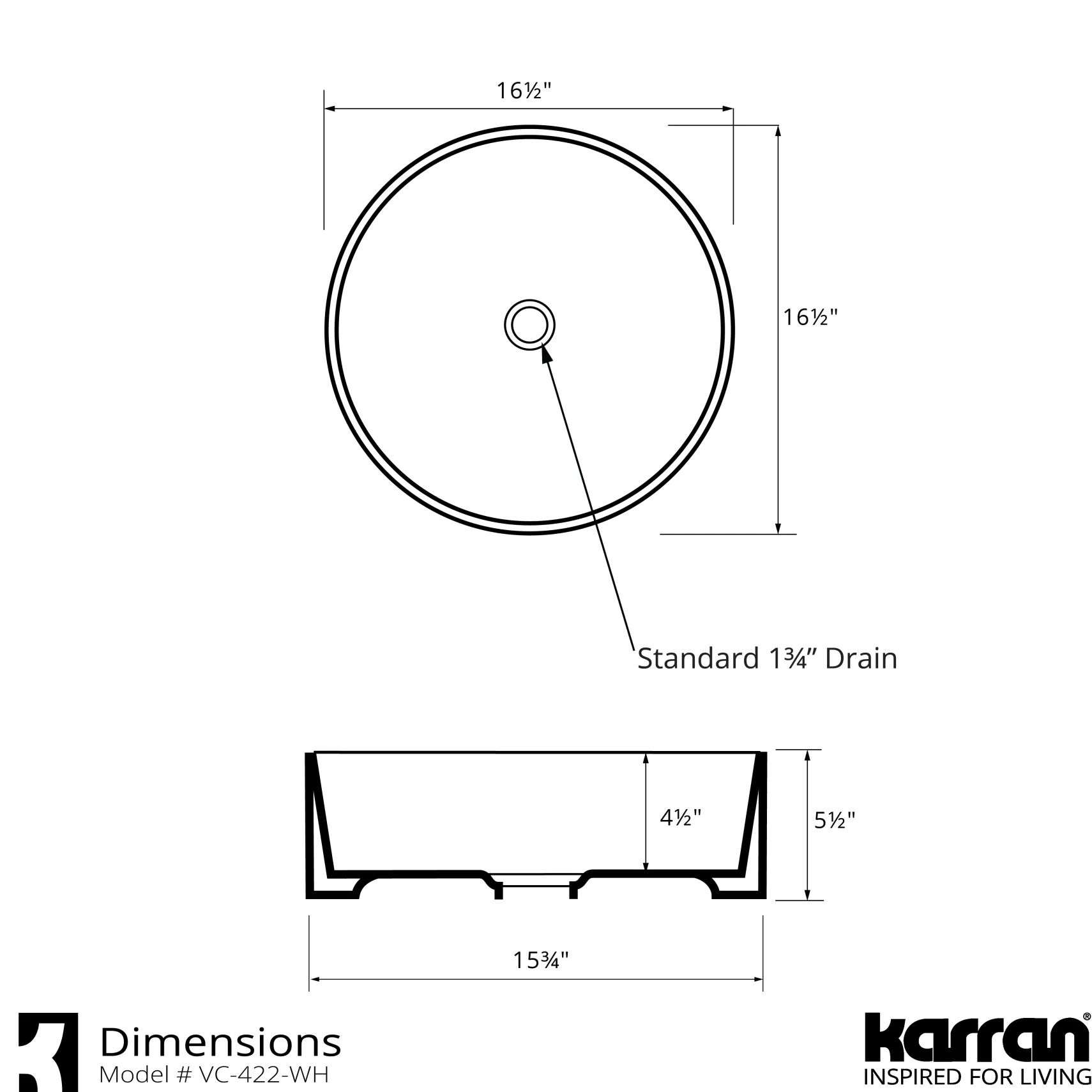 Karran Valera 16.5" x 16.5" x 4.5" Round Vessel Vitreous China ADA Bathroom Sink, White, VC-422-WH