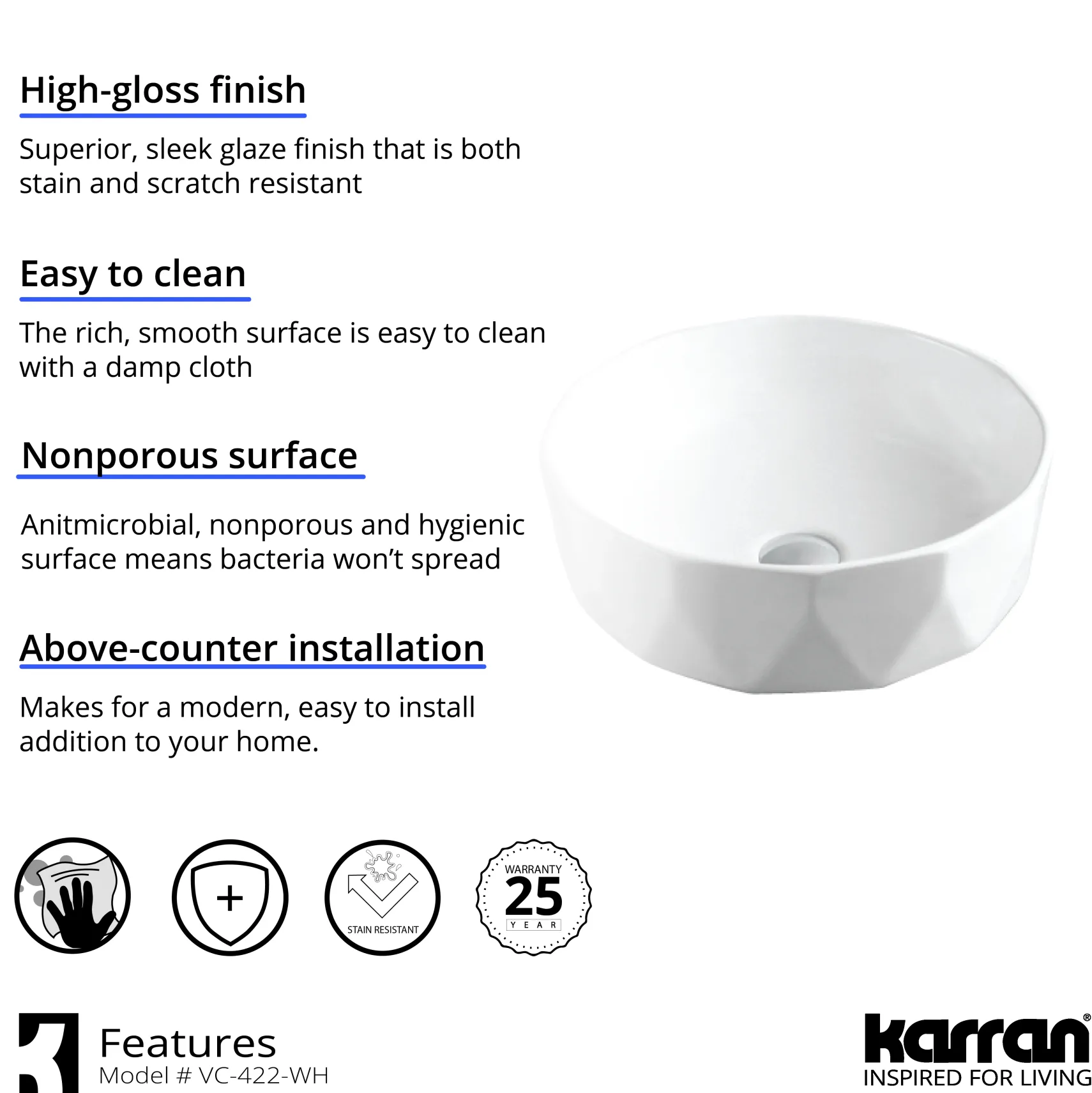 Karran Valera 16.5" x 16.5" x 4.5" Round Vessel Vitreous China ADA Bathroom Sink, White, VC-422-WH