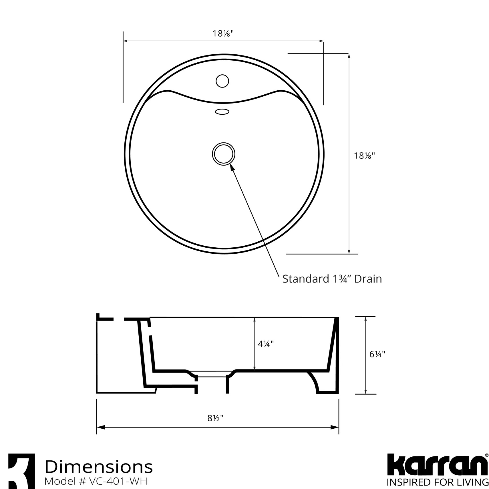 Karran Valera 18.125" x 18.125" x 4.25" Round Vessel Vitreous China ADA Bathroom Sink, White, VC-401-WH