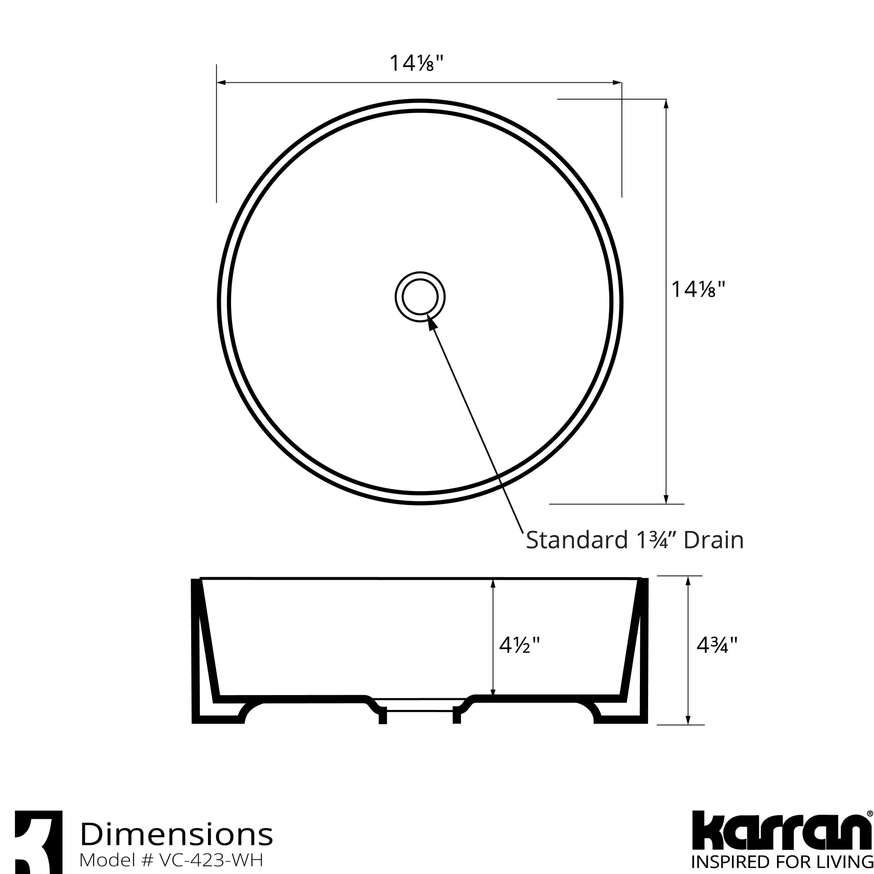 Karran Valera 14.125" x 14.125" x 4.25" Round Vessel Vitreous China ADA Bathroom Sink, White, VC-423-WH