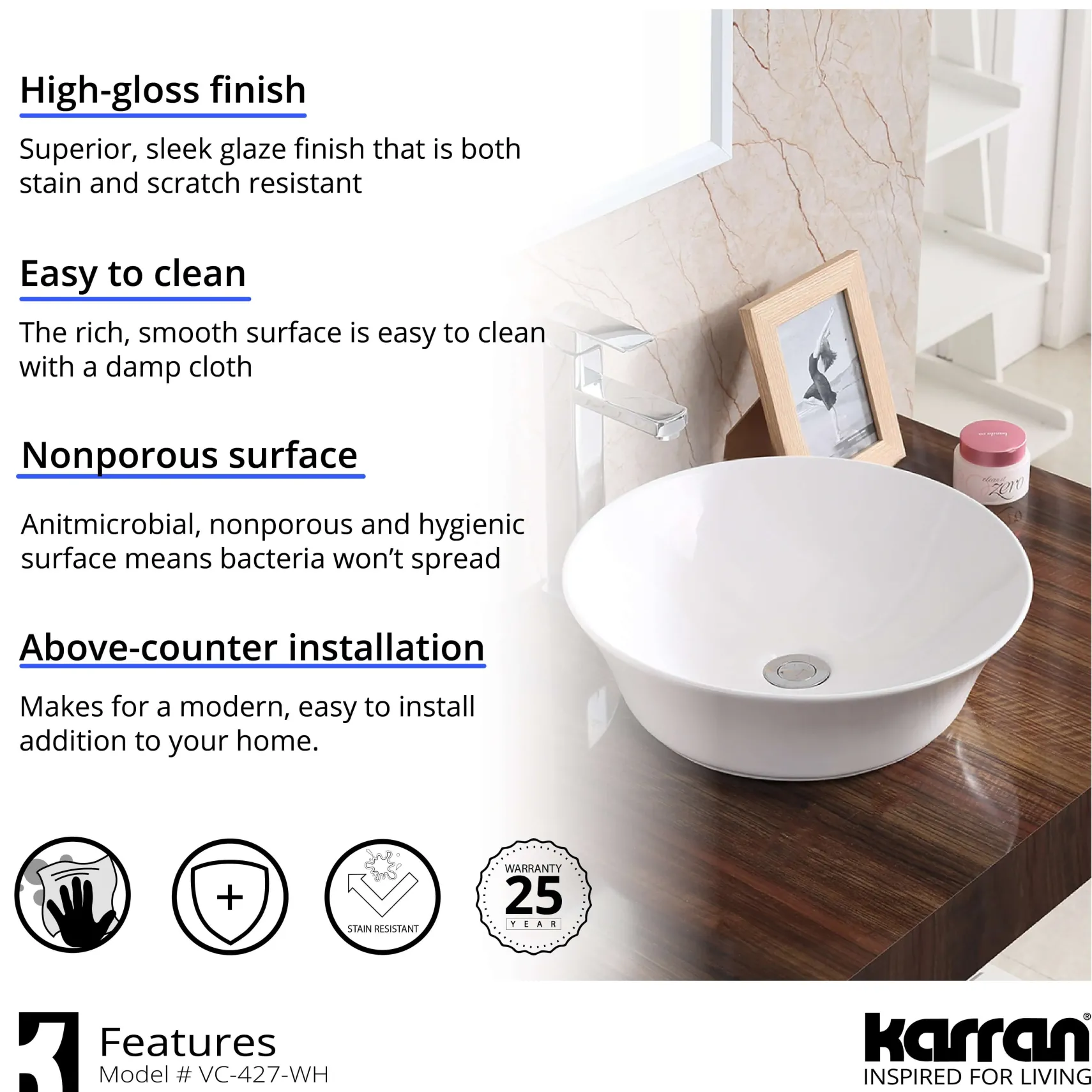 Karran Valera 16.5" x 16.5" x 4" Round Vessel Vitreous China ADA Bathroom Sink, White, VC-427-WH