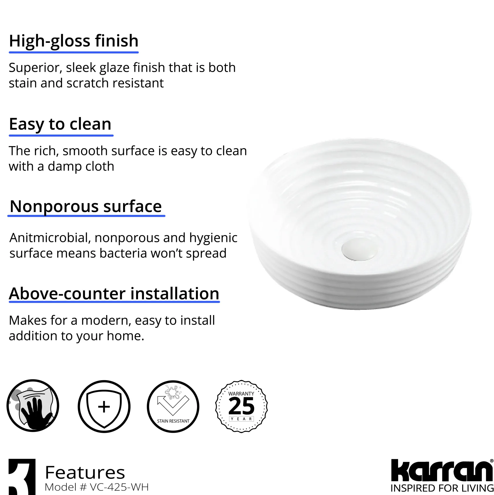 Karran Valera 16.125" x 16.125" x 4.25" Round Vessel Vitreous China ADA Bathroom Sink, White, VC-425-WH