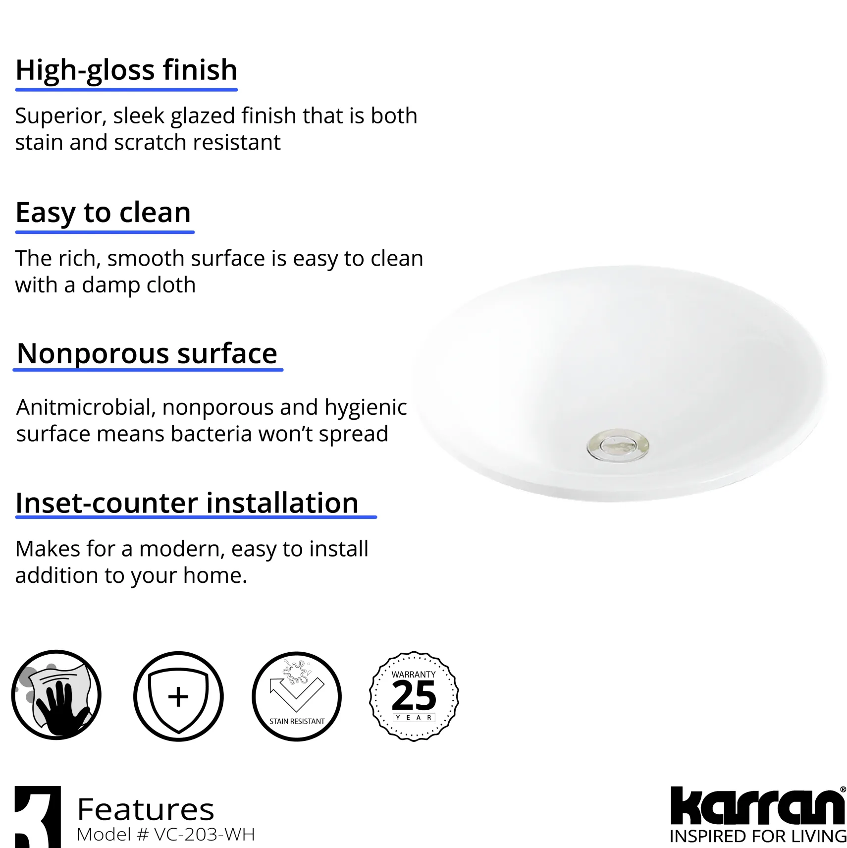 Karran Valera 17.75" x 17.75" x 3.5" Round Vessel Vitreous China ADA Bathroom Sink, White, VC-203-WH