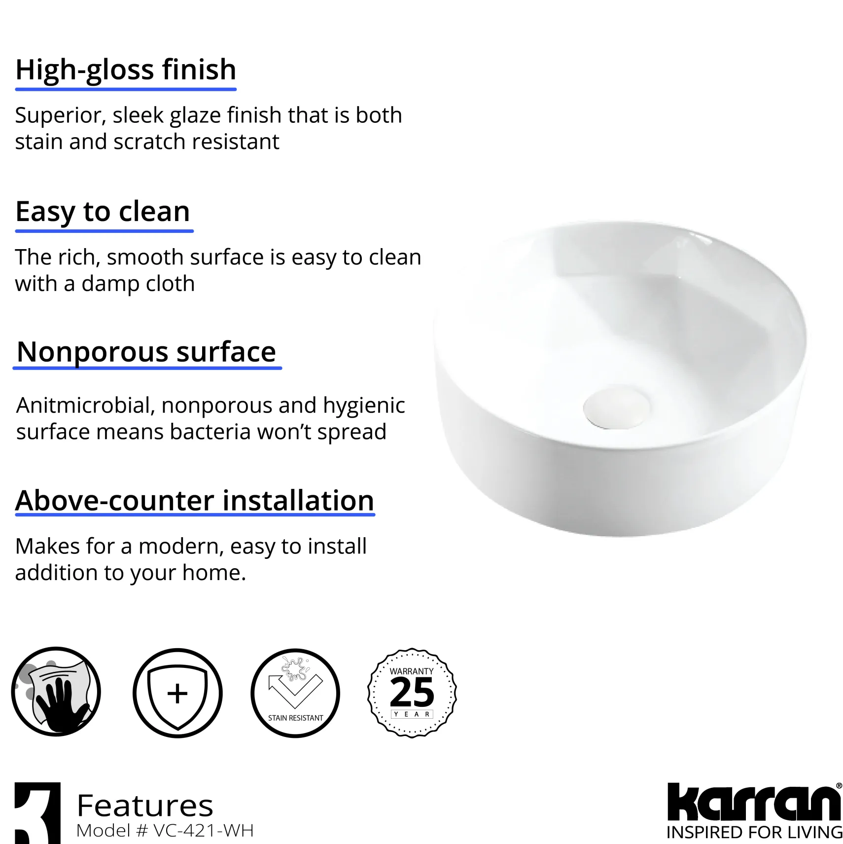 Karran Valera 16" x 16" x 4.5" Round Vessel Vitreous China ADA Bathroom Sink, White, VC-421-WH