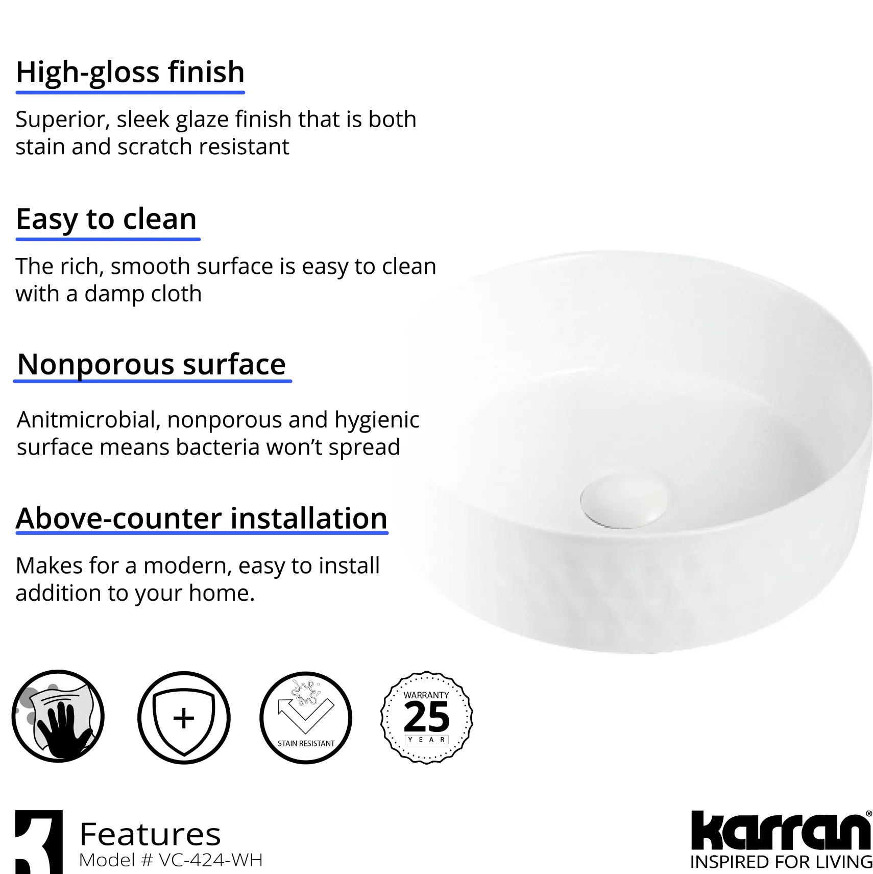 Karran Valera 14.25" x 14.25" x 4" Round Vessel Vitreous China ADA Bathroom Sink, White, VC-424-WH