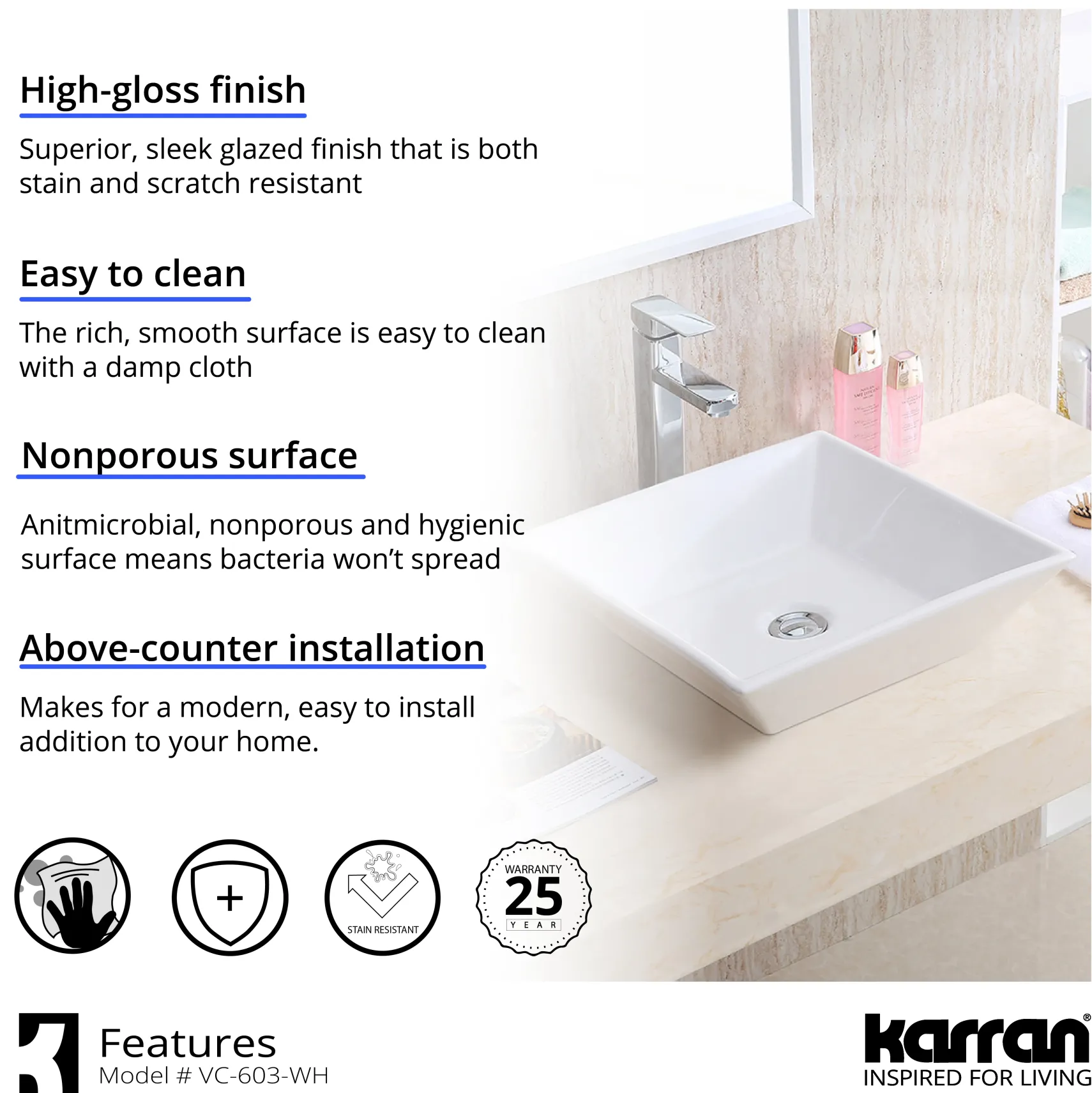 Karran Valera 16.25" x 16.25" x 3.75" Square Vessel Vitreous China ADA Bathroom Sink, White, VC-603-WH