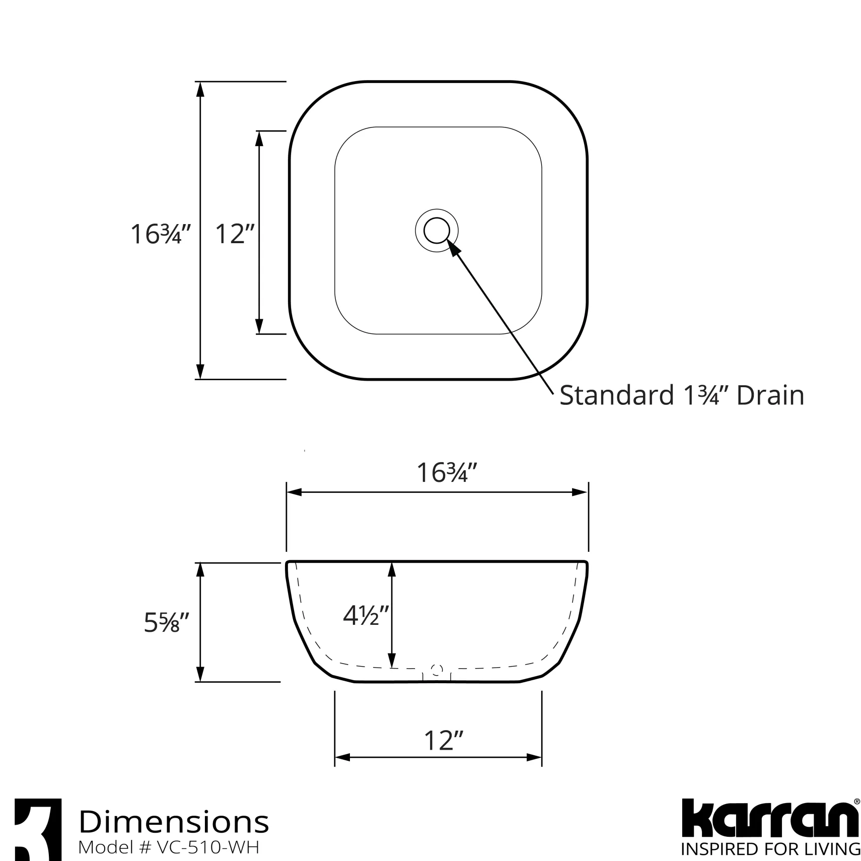 Karran Valera 16.75" x 16.75" x 4.5" Square Vessel Vitreous China ADA Bathroom Sink, White, VC-510-WH